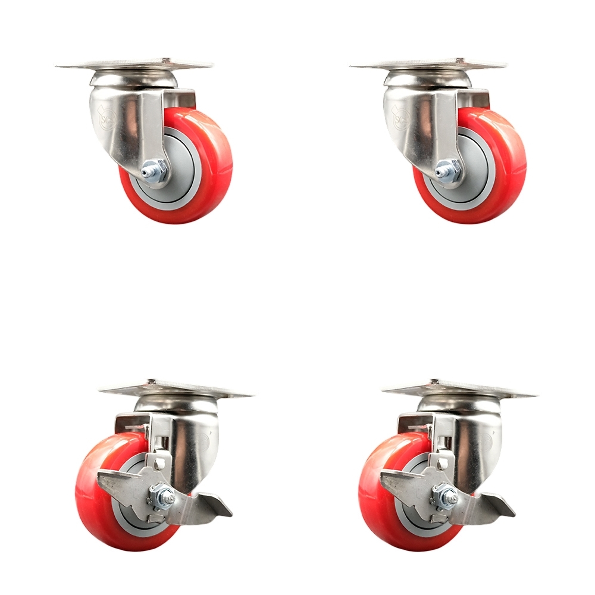 Service Caster, 3in. x 1 1/4in. Plate Casters, Wheel Diameter 3 in, Caster Type Swivel, Package (qty.) 4, Model# SCC-SS31620S314-PPUB-RED-2-TLB-2