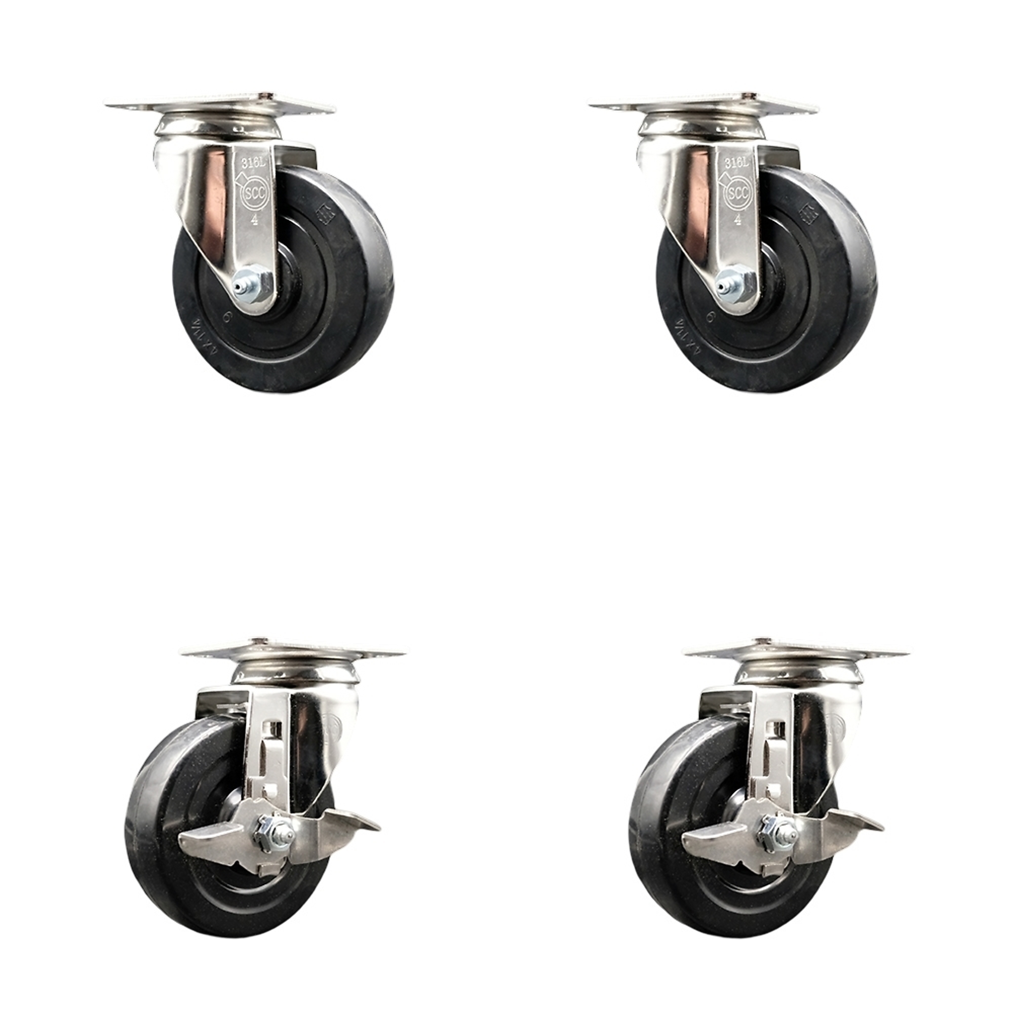 Service Caster, 4in. x 1 1/4in. Plate Casters, Wheel Diameter 4 in, Caster Type Swivel, Package (qty.) 4, Model# SCC-SS31620S414-SRS-2-TLB-2