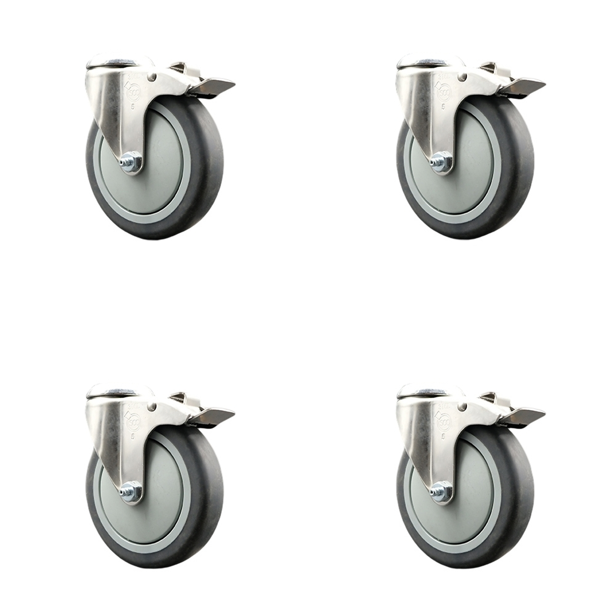 Service Caster, 5in. x 1 1/4in. Stem Casters, Wheel Diameter 5 in, Caster Type Swivel, Package (qty.) 4, Model# SCC-SS316BHTTL20S514-TPRB-4