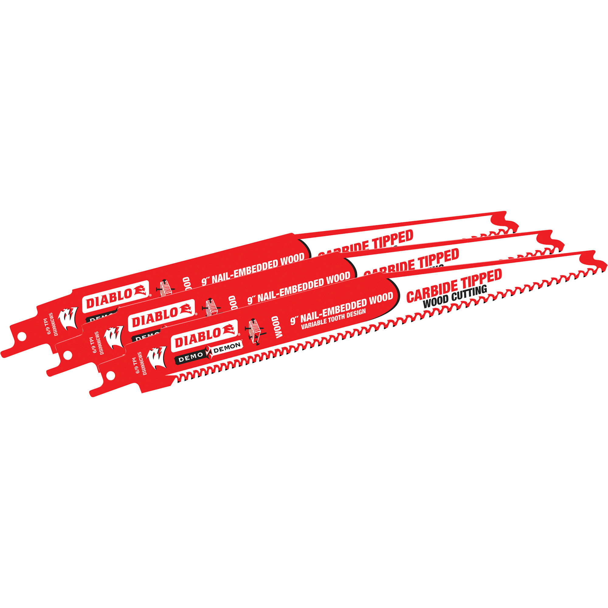 Diablo Steel Demon Carbide-Tipped Reciprocating Saw Blades for Nail-Embedded Wood, 3-Pk., 9in.L, 6-12 Variable TPI, Model# DS0906CWS3