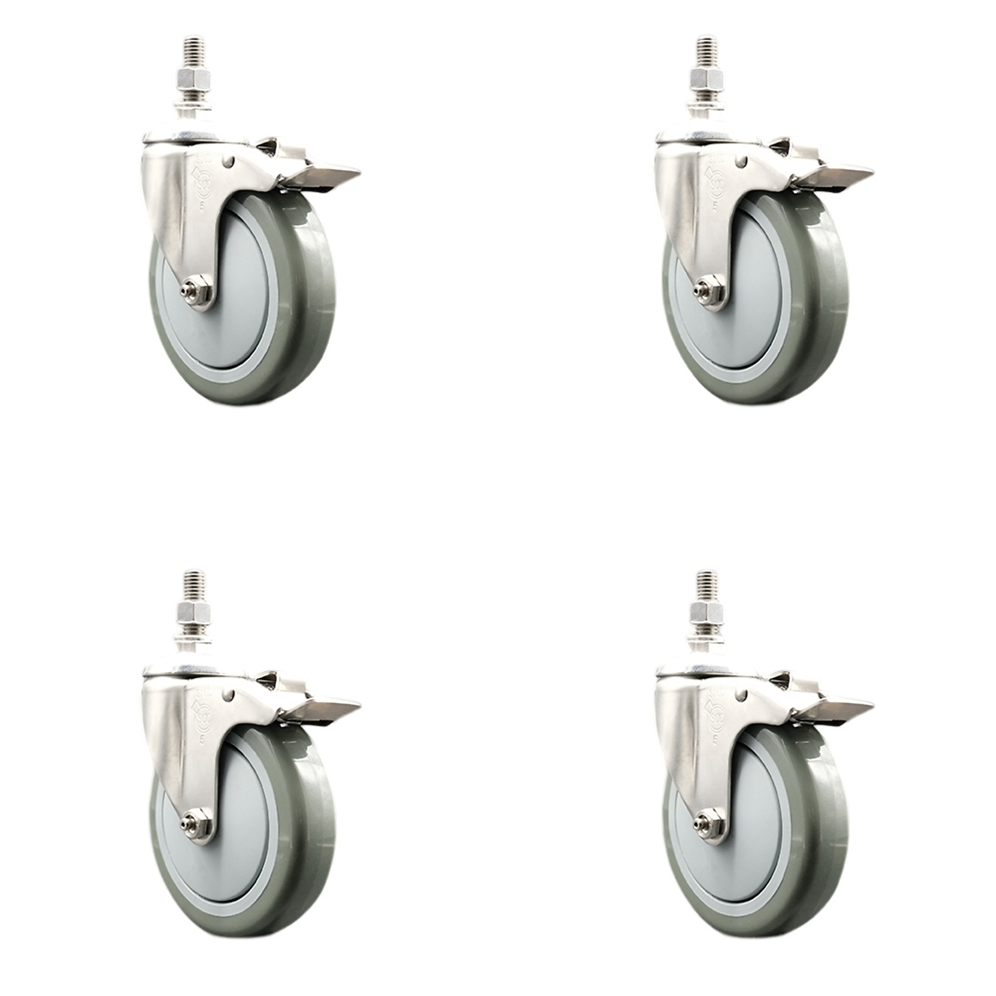Service Caster, 5in. x 1 1/4in. Stem Casters, Wheel Diameter 5 in, Caster Type Swivel, Package (qty.) 4, Model# SCC-SS316TSTTL20S514-PPUB-M1015-4