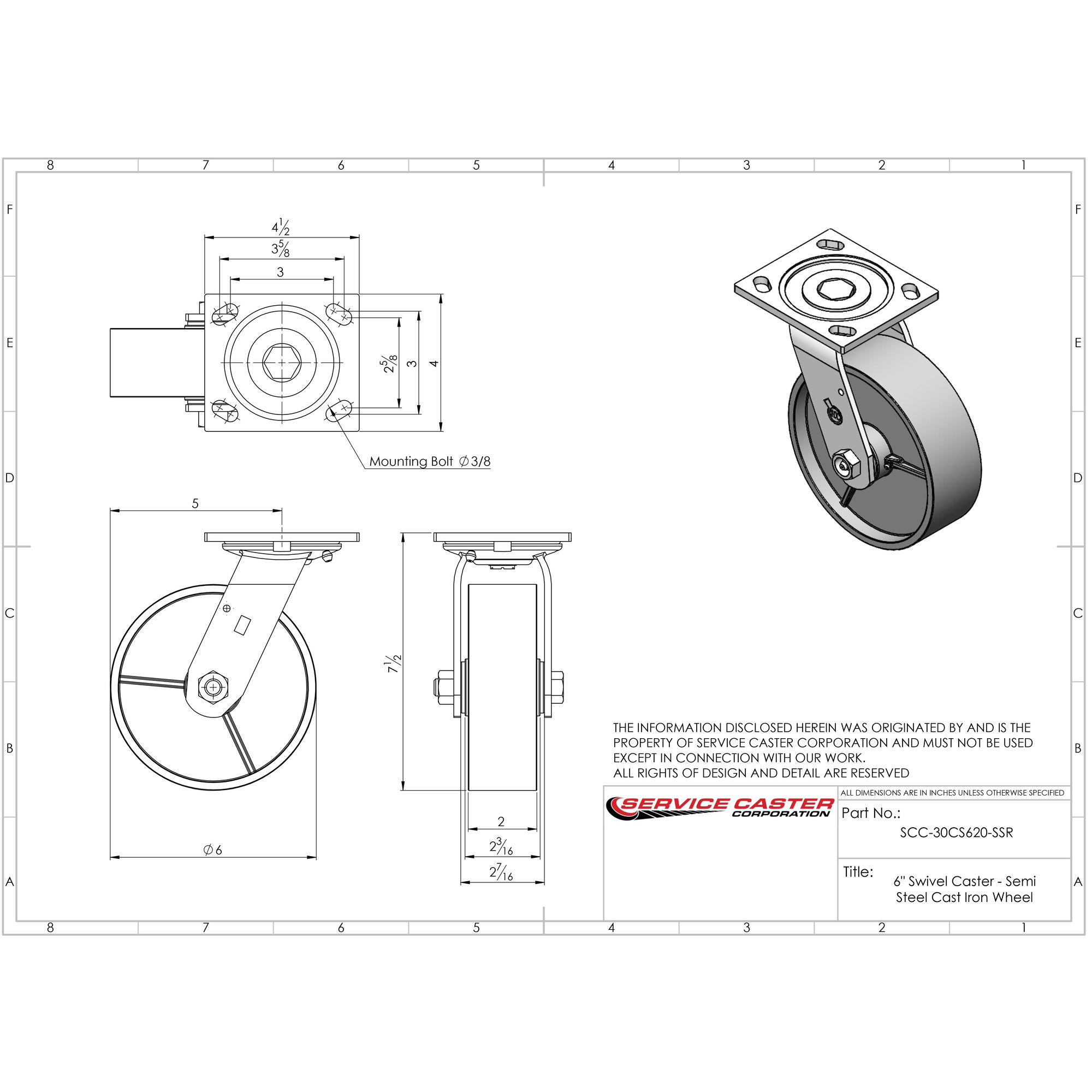 Service Caster, 6in. x 2in. Plate Casters, Wheel Diameter 6 in, Caster