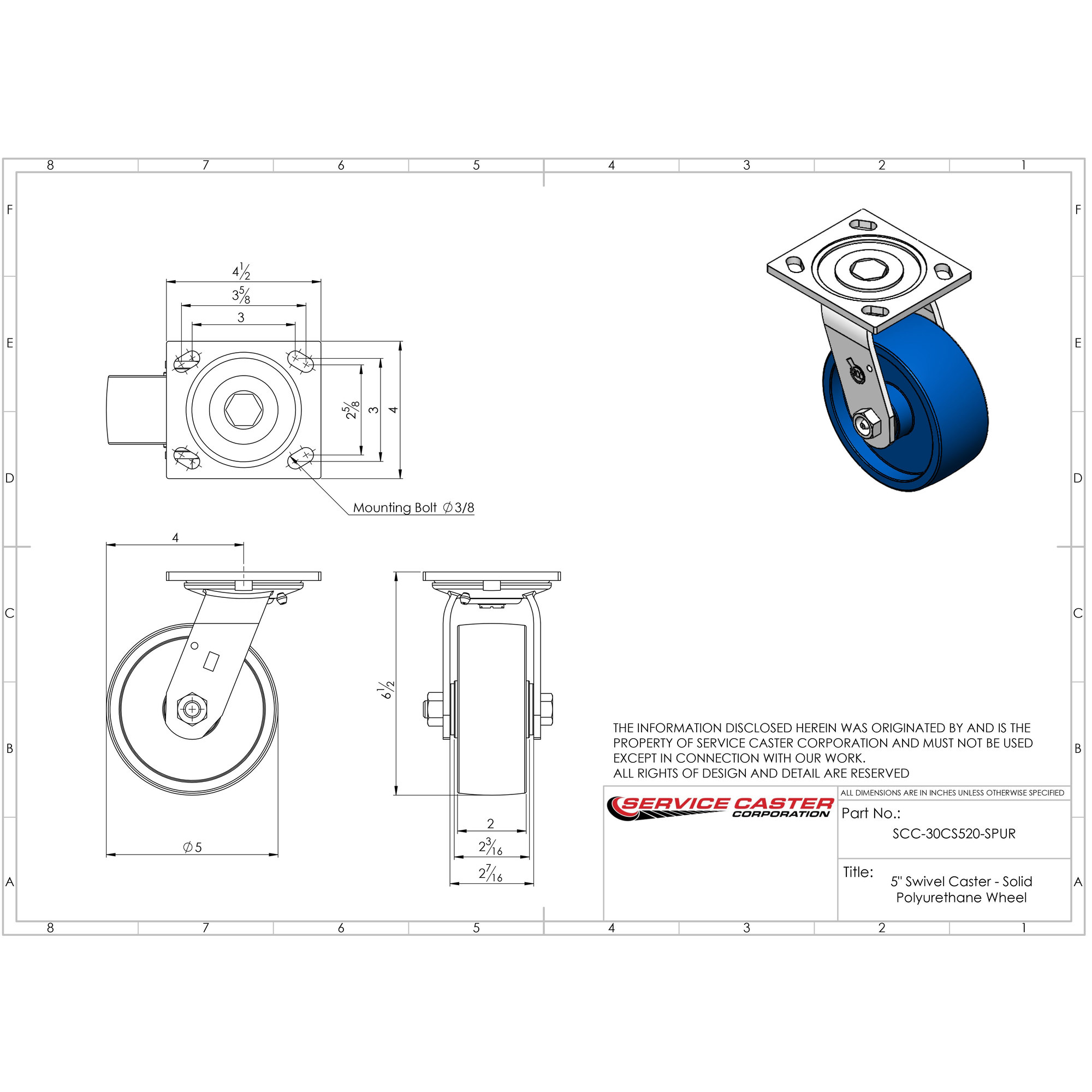 Tool For R520 Service Caster, 5in. x 2in. Plate Casters, Wheel Diameter 5 in, Caster ...