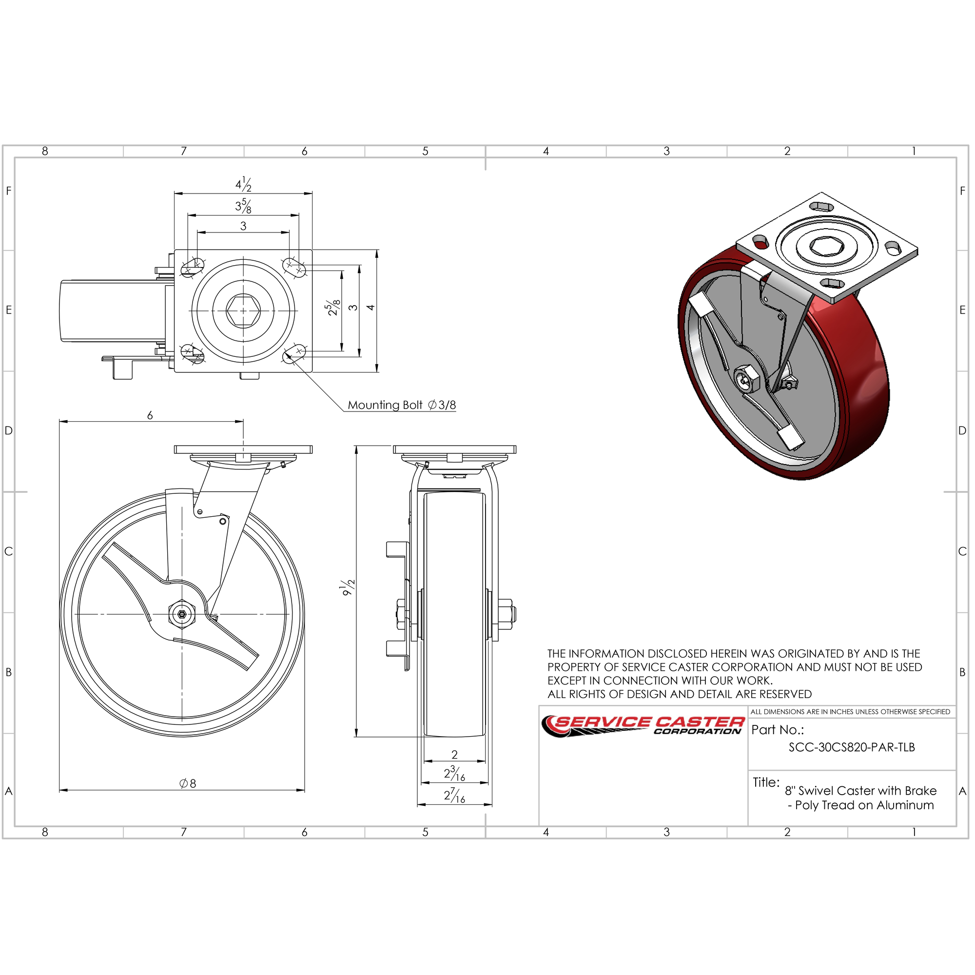 Service Caster, 8in. x 2in. Plate Casters, Wheel Diameter 8 in, Caster ...