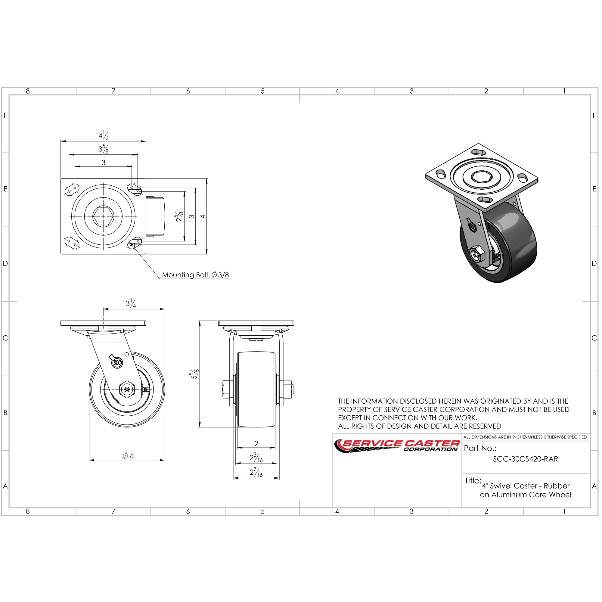 Service Caster, 4in. x 2in. Plate Casters, Wheel Diameter 4 in, Caster
