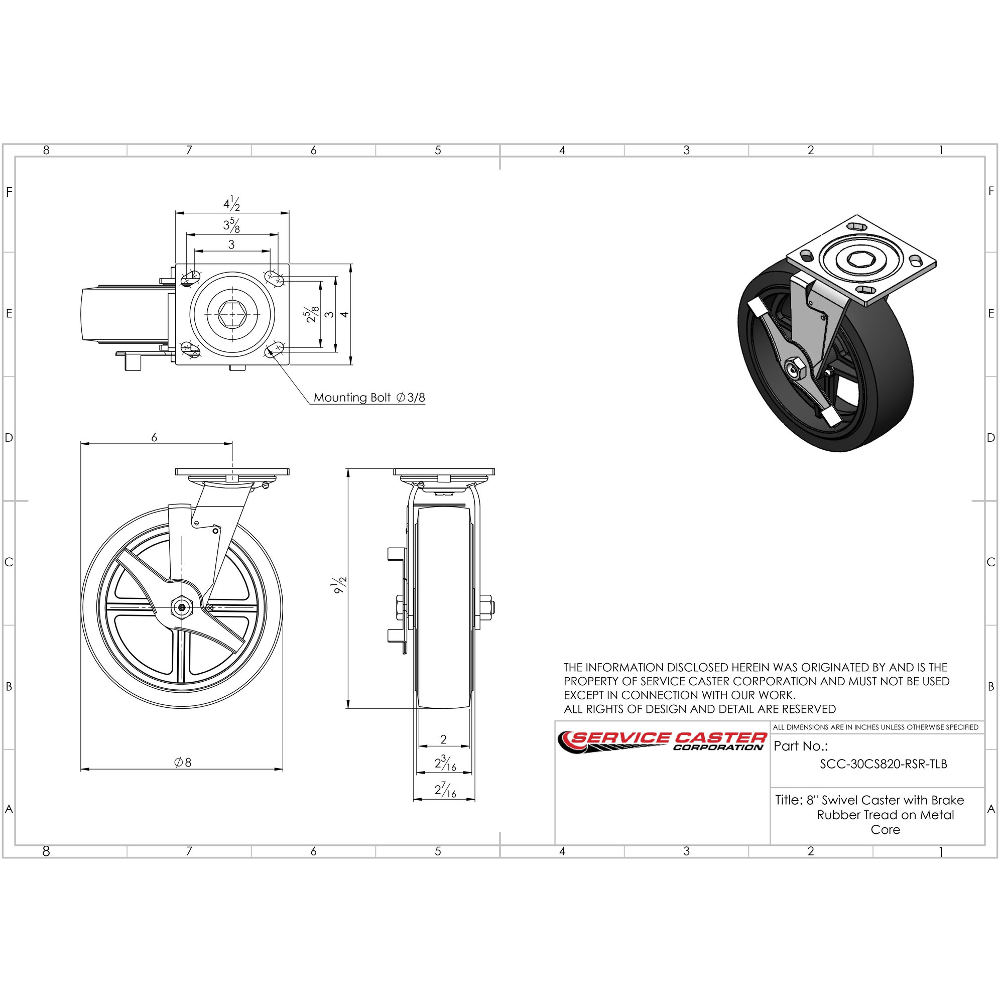 Service Caster, 8in. x 2in. Plate Casters, Wheel Diameter 8 in, Caster