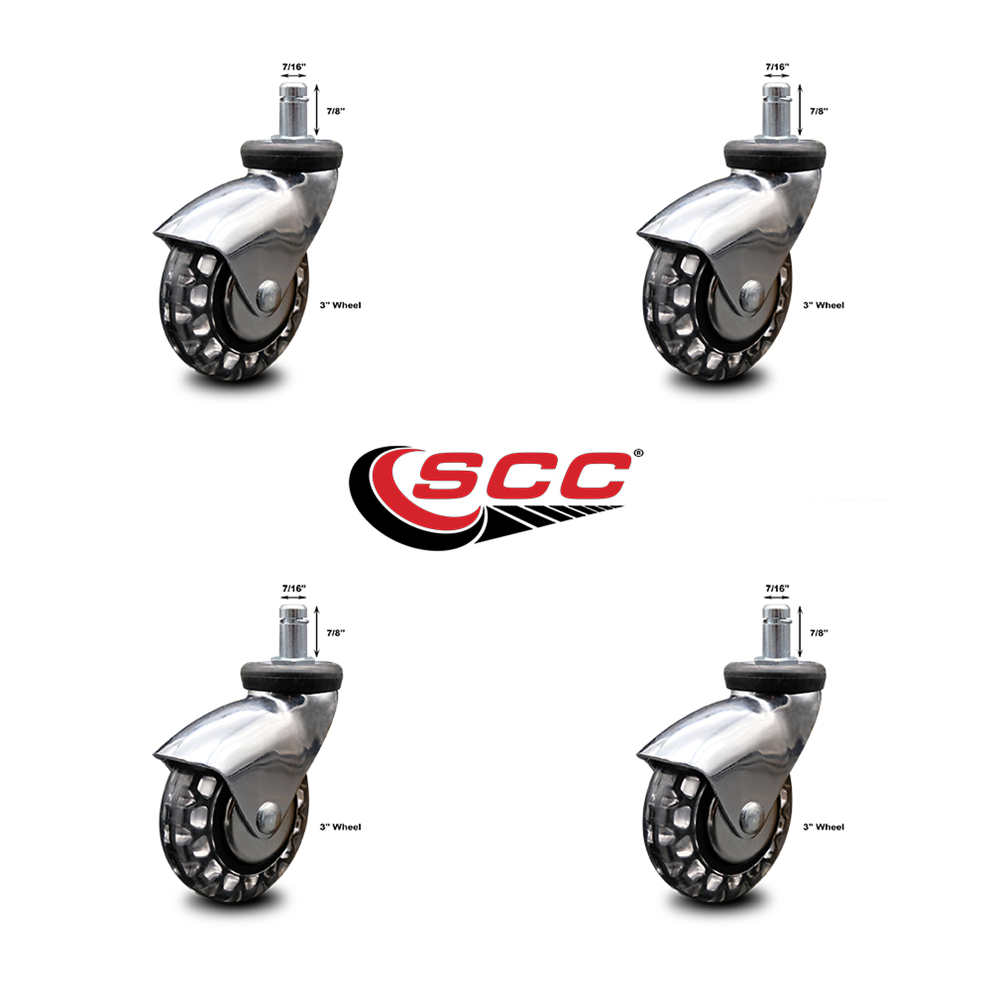 Service Caster, 3in. x 15/16in. Stem Casters, Wheel Diameter 3 in