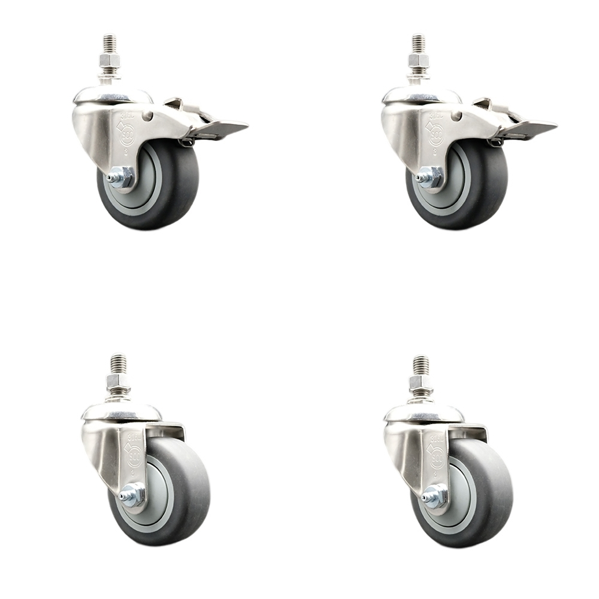 Service Caster, 3in. x 1 1/4in. Stem Casters, Wheel Diameter 3 in, Caster Type Swivel, Package (qty.) 4, Model# SS316TSTTL20S314-TPRB-381615-2-S2