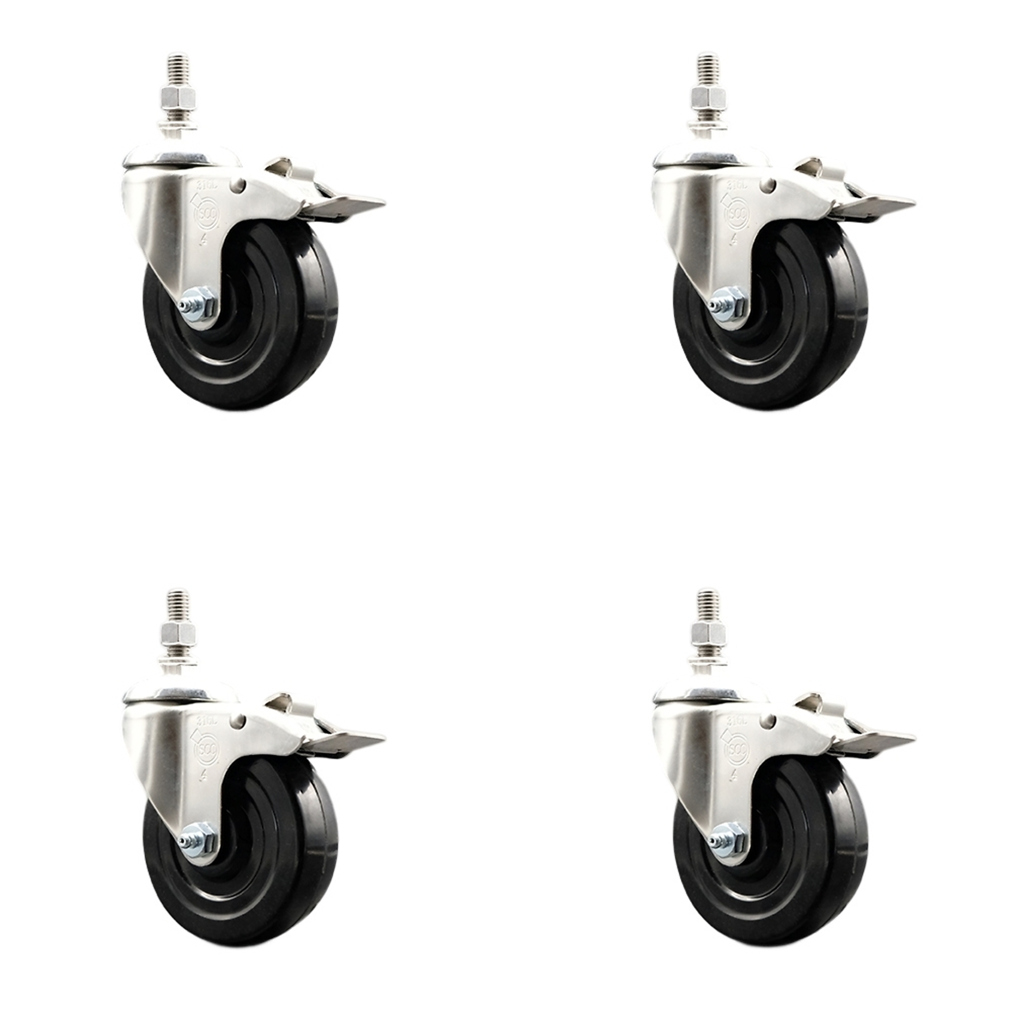 Service Caster, 4in. x 1 1/4in. Stem Casters, Wheel Diameter 4 in, Caster Type Swivel, Package (qty.) 4, Model# SCC-SS316TSTTL20S414-SRS-381615-4