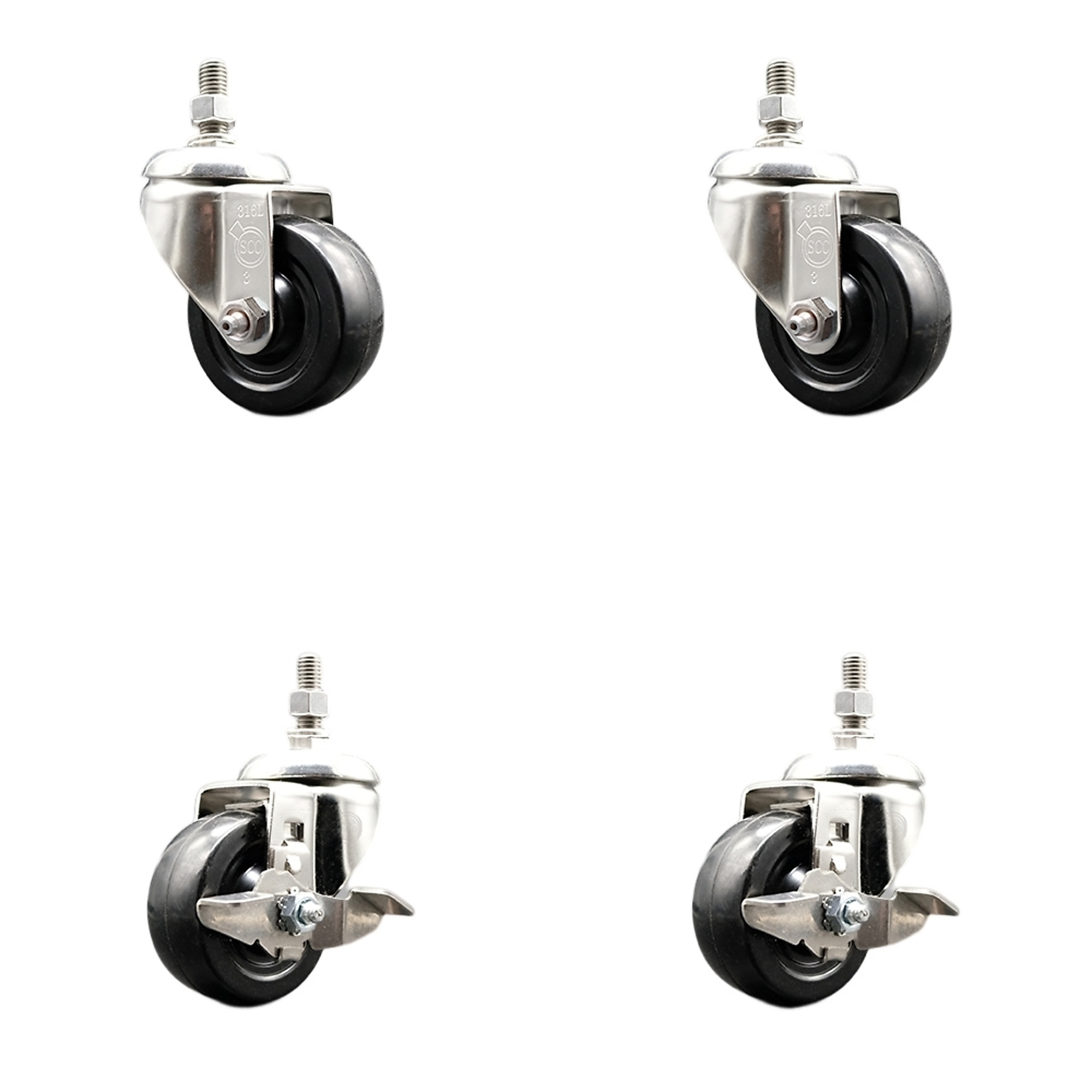 Service Caster, 3in. x 1 1/4in. Stem Casters, Wheel Diameter 3 in, Caster Type Swivel, Package (qty.) 4, Model# SCC-SS316TS20S314-SRS-M1215-2-TLB-2