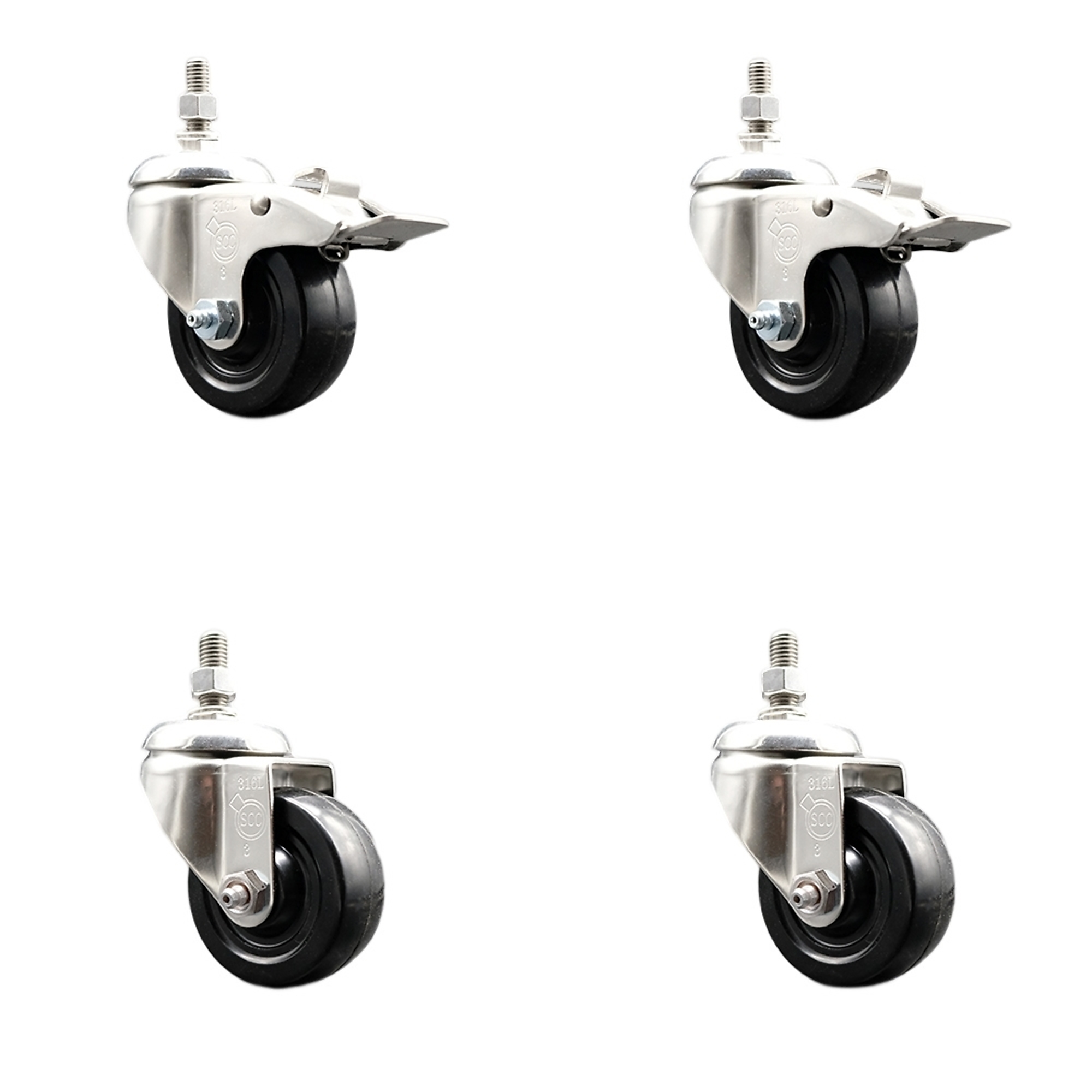 Service Caster, 3 1/2in. x 1 1/4in. Stem Casters, Wheel Diameter 3.5 in, Caster Type Swivel, Package (qty.) 4, Model# SS316TSTTL20S3514-HRS-121315-2-S2