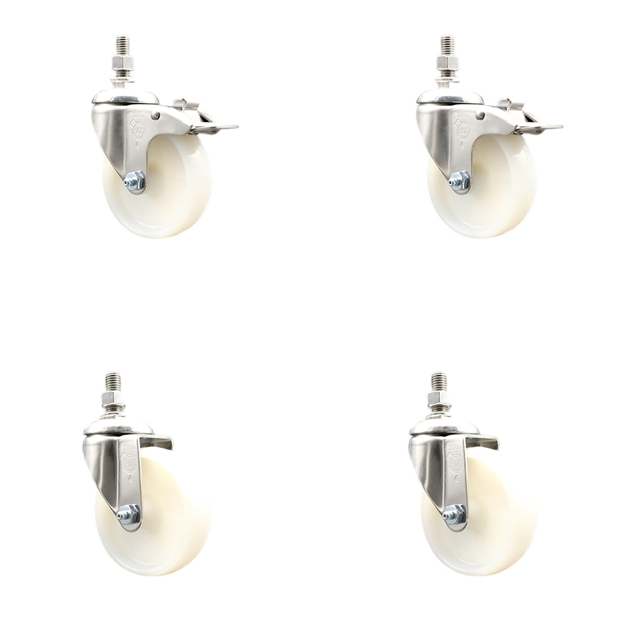 Service Caster, 4in. x 1 1/4in. Stem Casters, Wheel Diameter 4 in, Caster Type Swivel, Package (qty.) 4, Model# SCC-SS316TSTTL20S414-NYS-M1215-2-S2