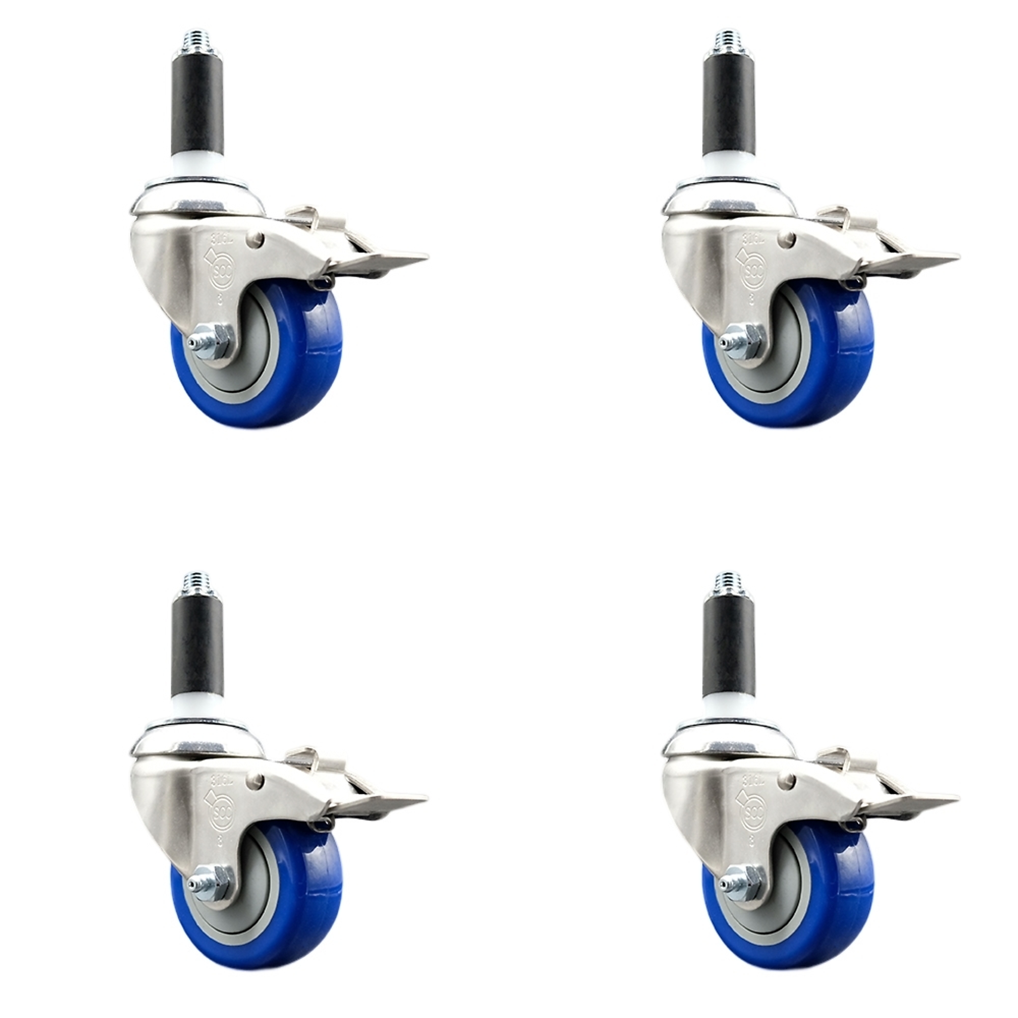 Service Caster, 3in. x 1 1/4in. Stem Casters, Wheel Diameter 3 in, Caster Type Swivel, Package (qty.) 4, Model# SCC-SS316TTLEX20S314-PPUB-BLUE-1-4