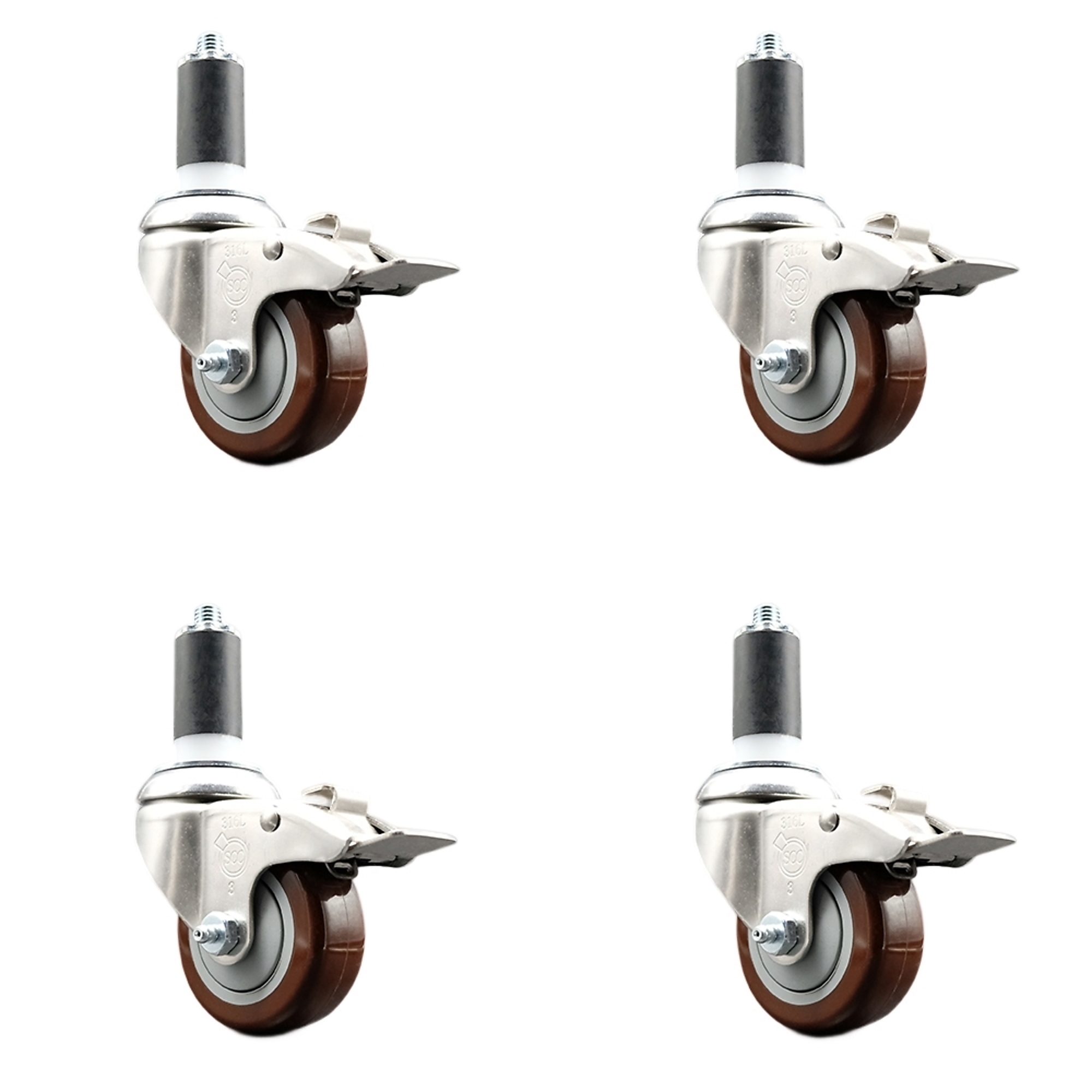 Service Caster, 3 1/2in. x 1 1/4in. Stem Casters, Wheel Diameter 3.5 in, Caster Type Swivel, Package (qty.) 4, Model# SCC-SS316TTLEX20S3514-PPUB-MRN-138-4