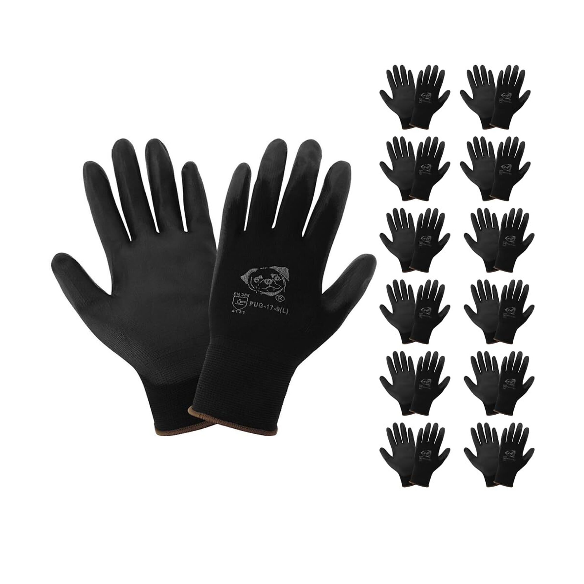 Global Glove PUG™, 13ga, Poly Coated, ESD. A1 Cut Resistant Gloves - 12 Pairs, Size L, Color Black, Model# PUG-17-9(L)