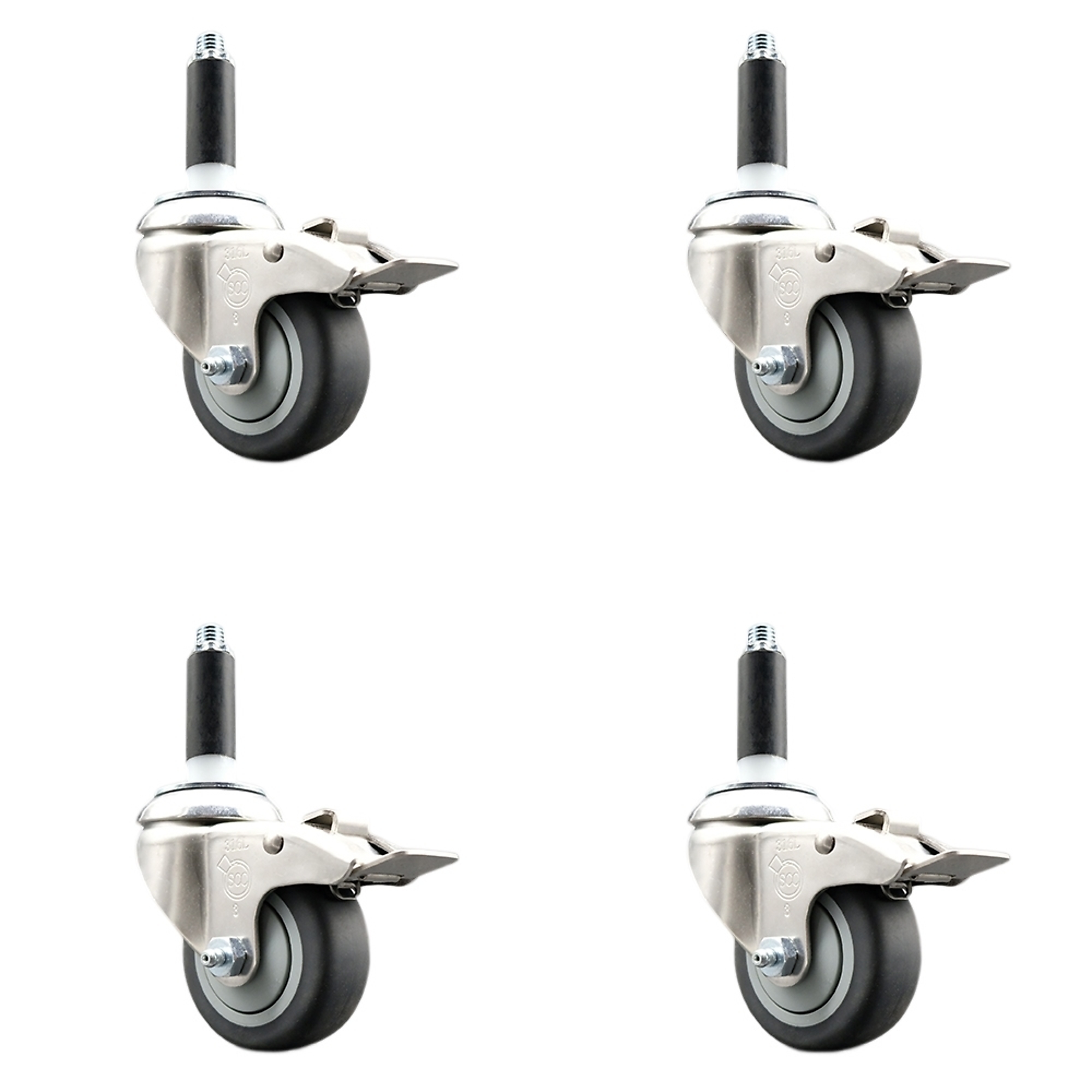 Service Caster, 3in. x 1 1/4in. Stem Casters, Wheel Diameter 3 in, Caster Type Swivel, Package (qty.) 4, Model# SCC-SS316TTLEX20S314-TPRB-34-4