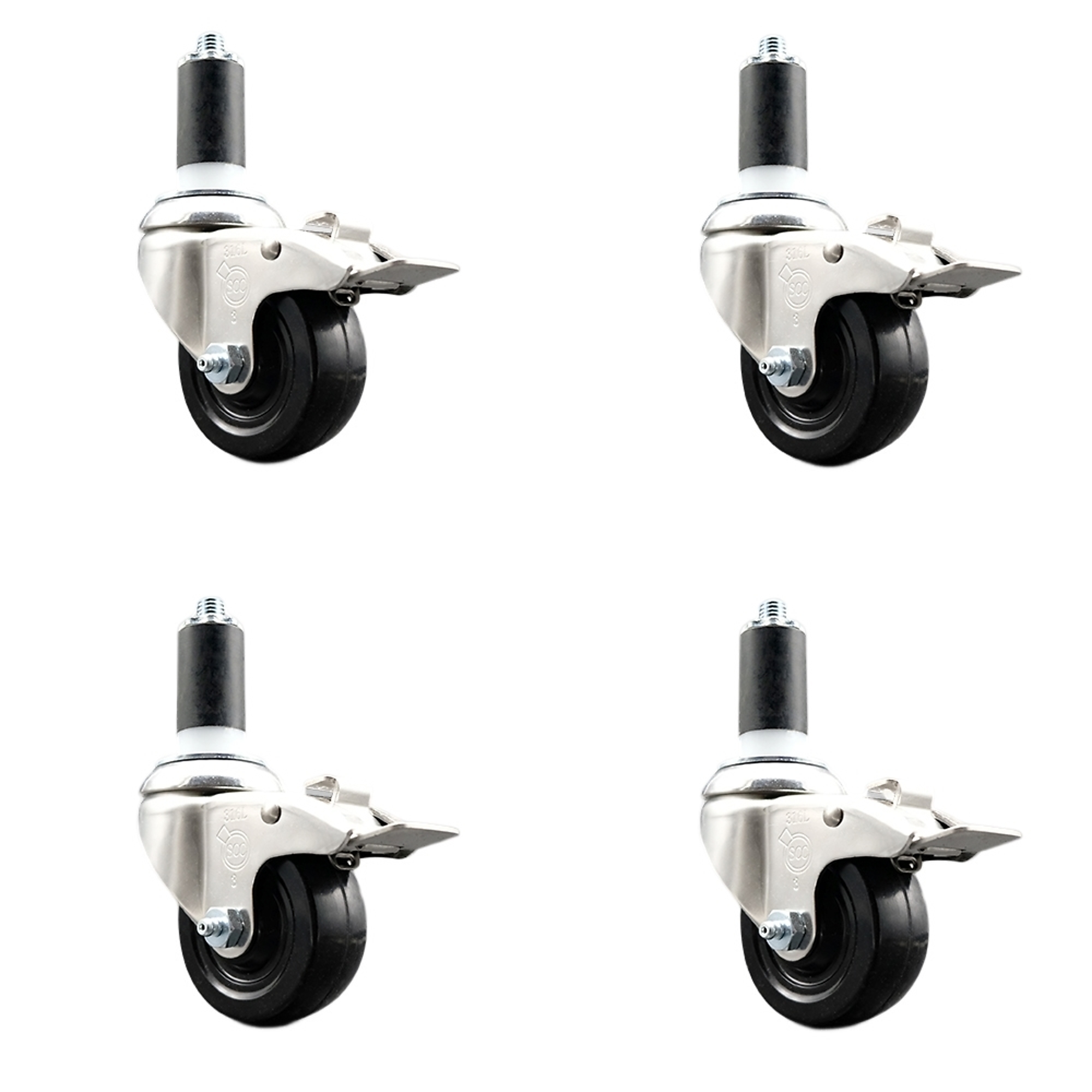 Service Caster, 3in. x 1 1/4in. Stem Casters, Wheel Diameter 3 in, Caster Type Swivel, Package (qty.) 4, Model# SCC-SS316TTLEX20S314-HRS-138-4