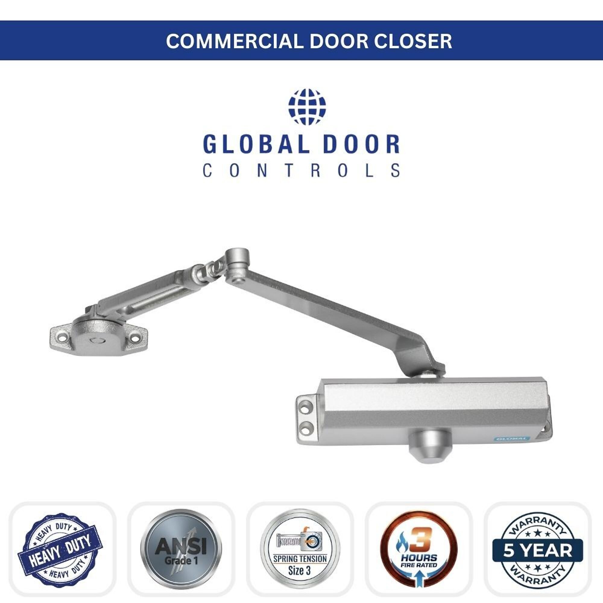 Global Door Controls, Streamline Commercial Grade 1 Door Closer with Parallel Arm Bracket in Aluminum - Size 3, #TC2203-PA-AL