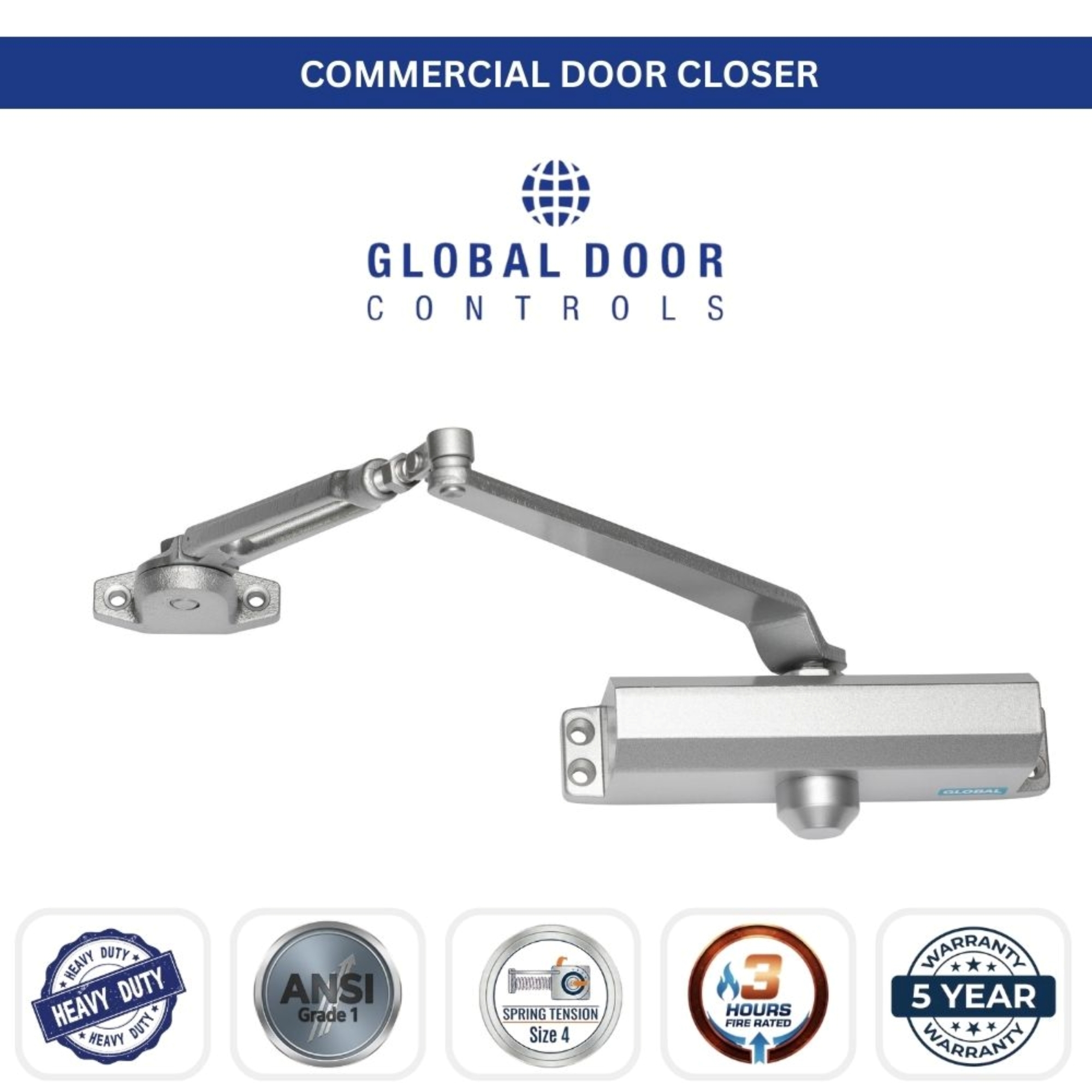 Global Door Controls, Streamline Commercial Grade 1 Door Closer with Backcheck in Aluminum with Cover, Parallel Arm, and Thru Bolts - Size 4, #TC2204-BC-COVPASXN-AL