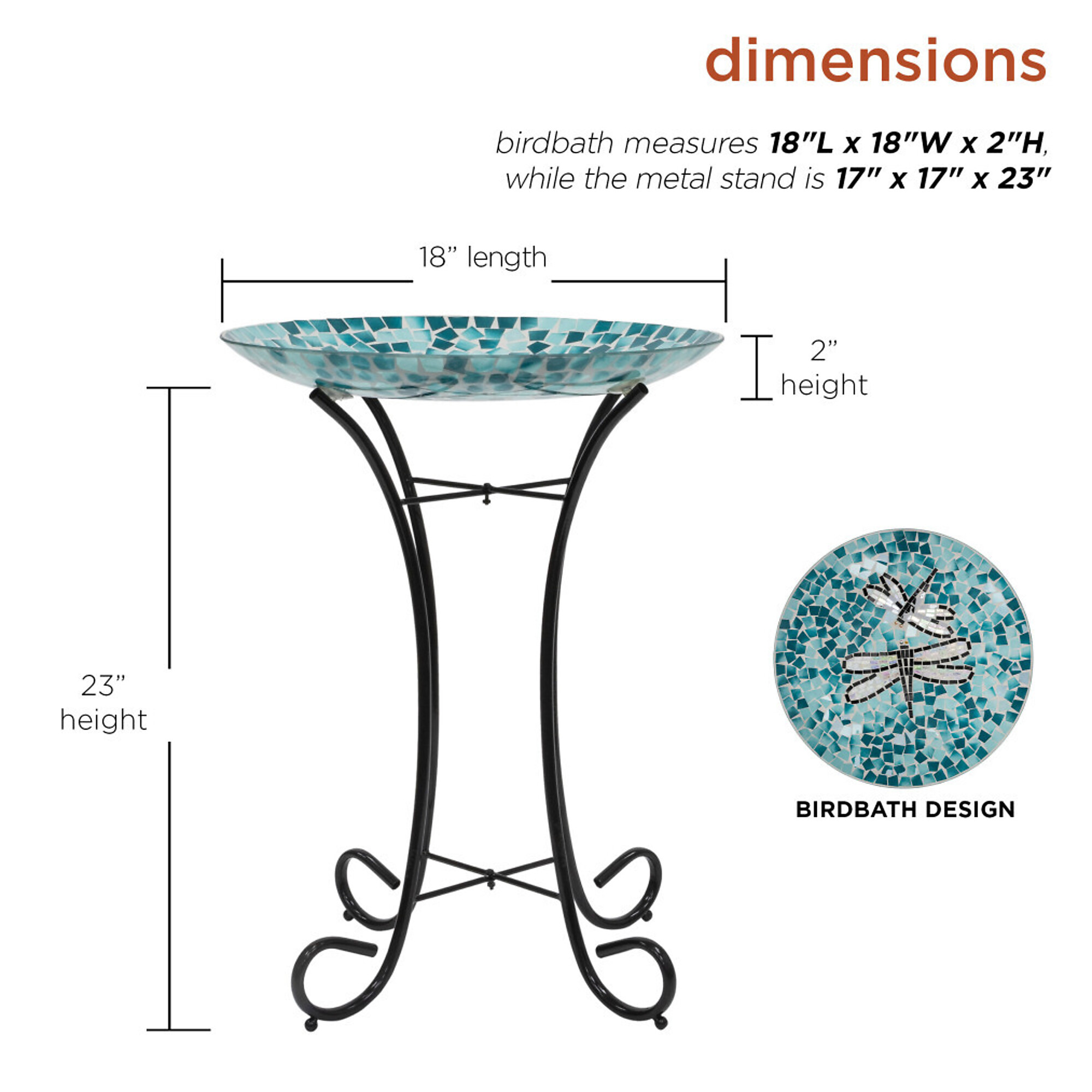 Alpine Corporation, 18in. Dragonfly Mosaic Glass Birdbath with Stand