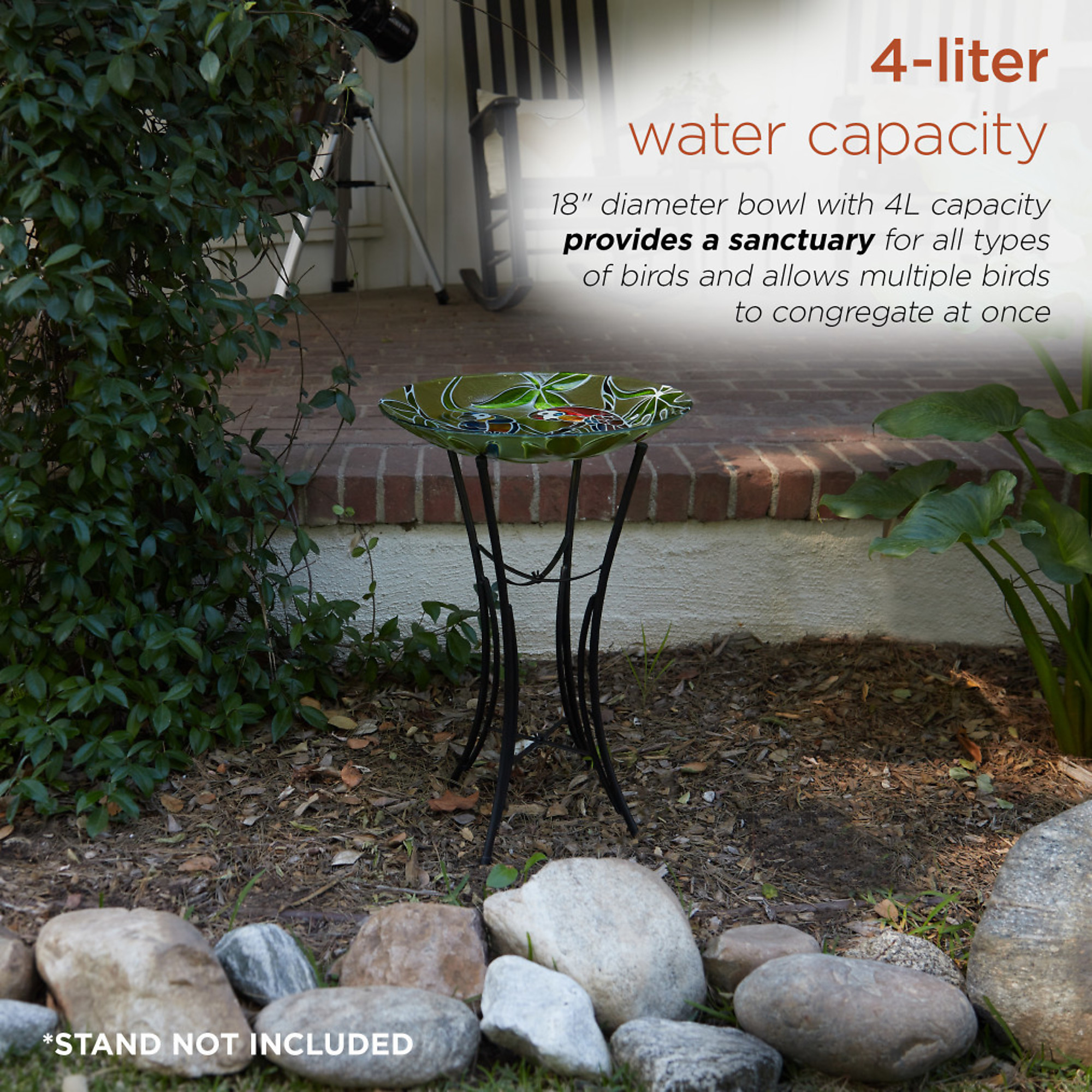 Alpine Corporation, 18in. Glass Birdbath with Parrot Paint Finish