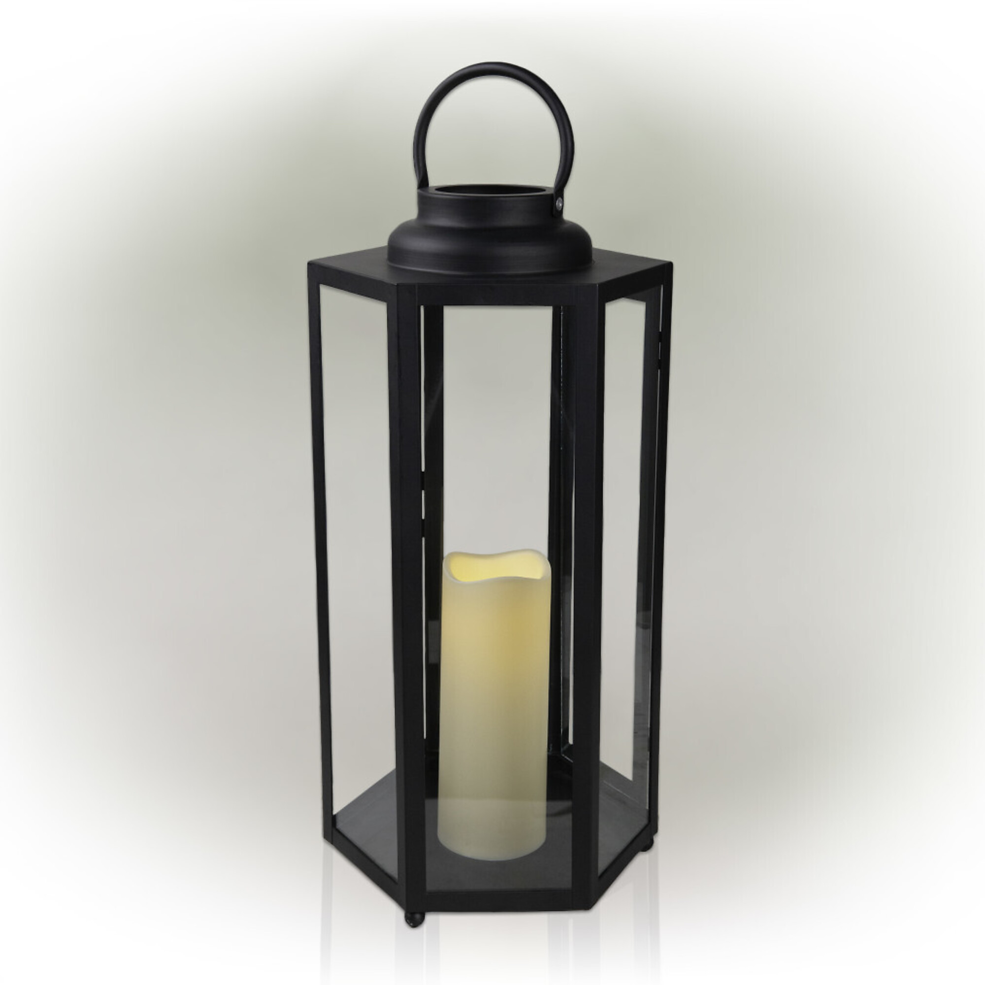 Alpine Corporation Hexagonal Outdoor Candlelit Lantern with Warm White LEDs - Black