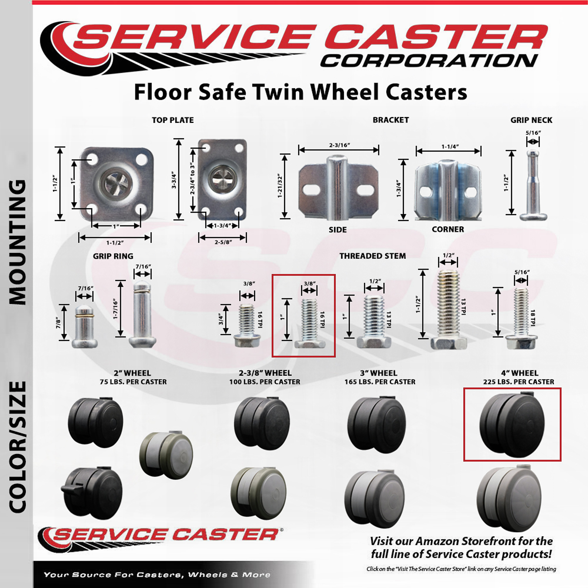 Service Caster, 4in. Stem Casters, Wheel Diameter 4 in, Caster Type ...