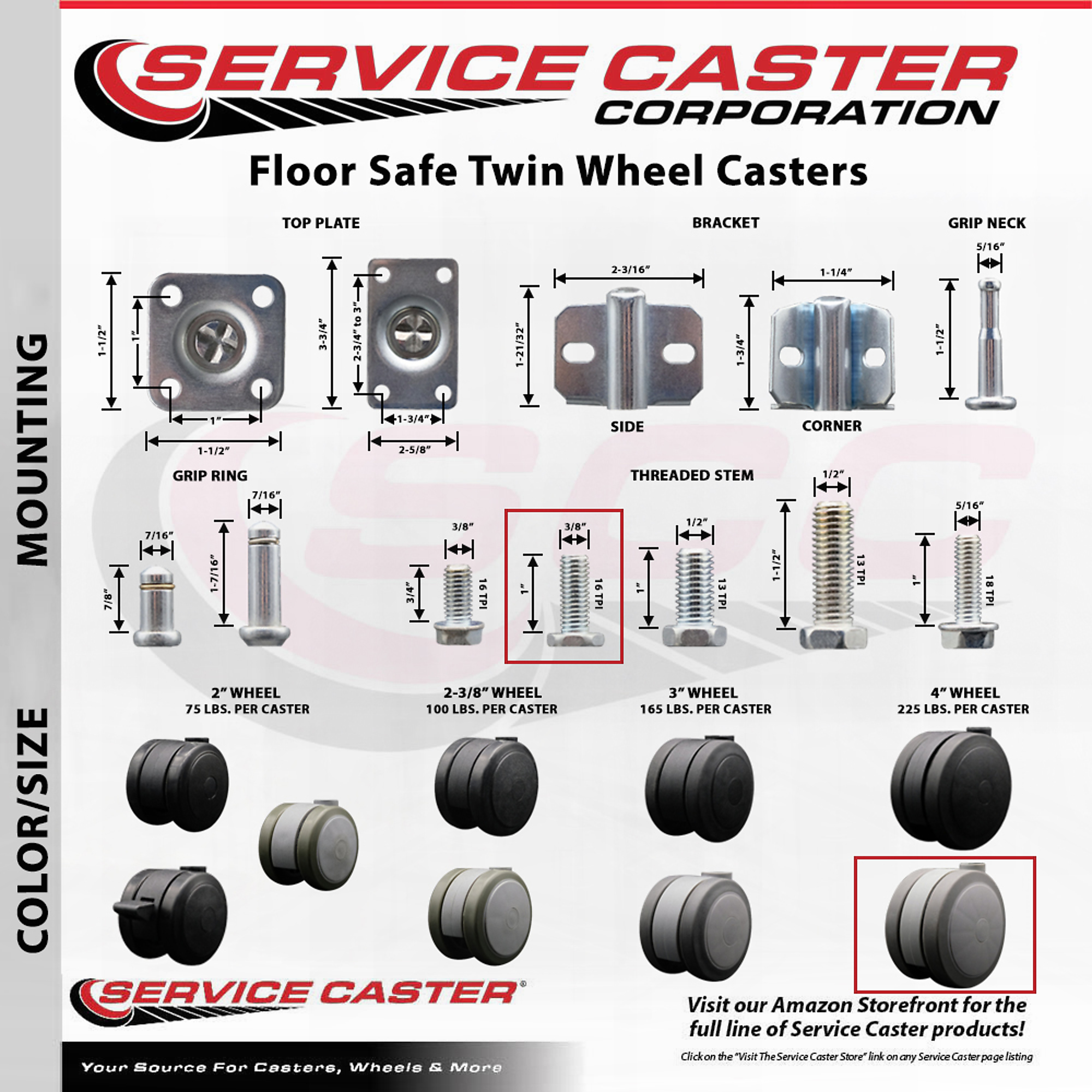 TPS1000-CS T S Brass Casters, (4) swivel (2) locking