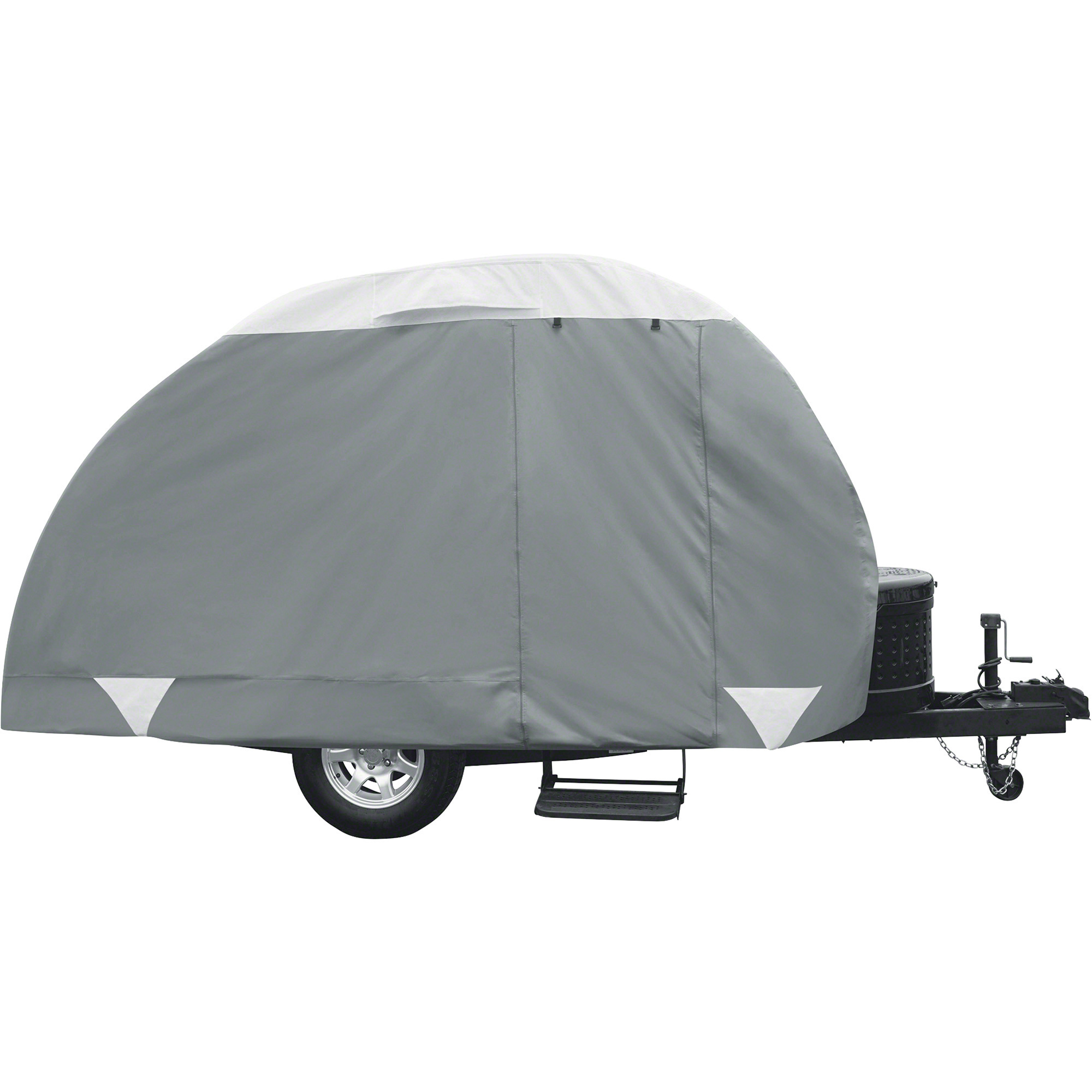 Classic Accessories Overdrive PolyPRO 3 Deluxe Teardrop Trailer Cover, Gray and White, Fits Teardrop Trailers Up To 8ft.L, Model# 80-296-143101-RT