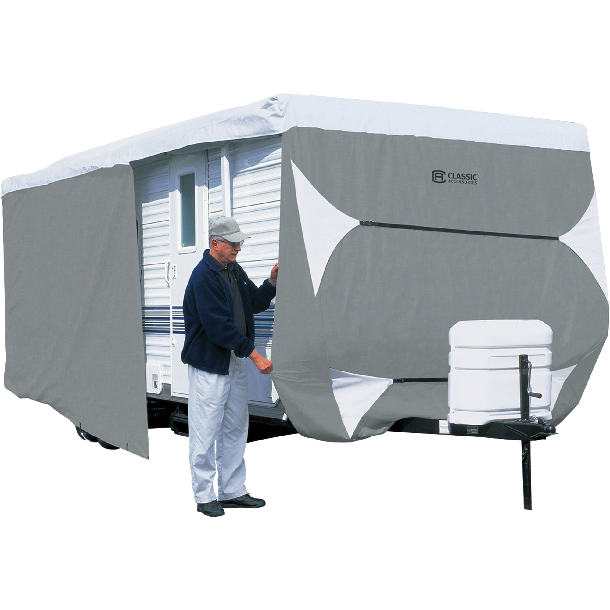 Classic Accessories OverDrive PolyPRO 3 Deluxe Travel Trailer Cover, Gray and White, Fits 35ft.L-38ft.L x 124in.H Travel Trailers, Model# 80-356-213101-RT