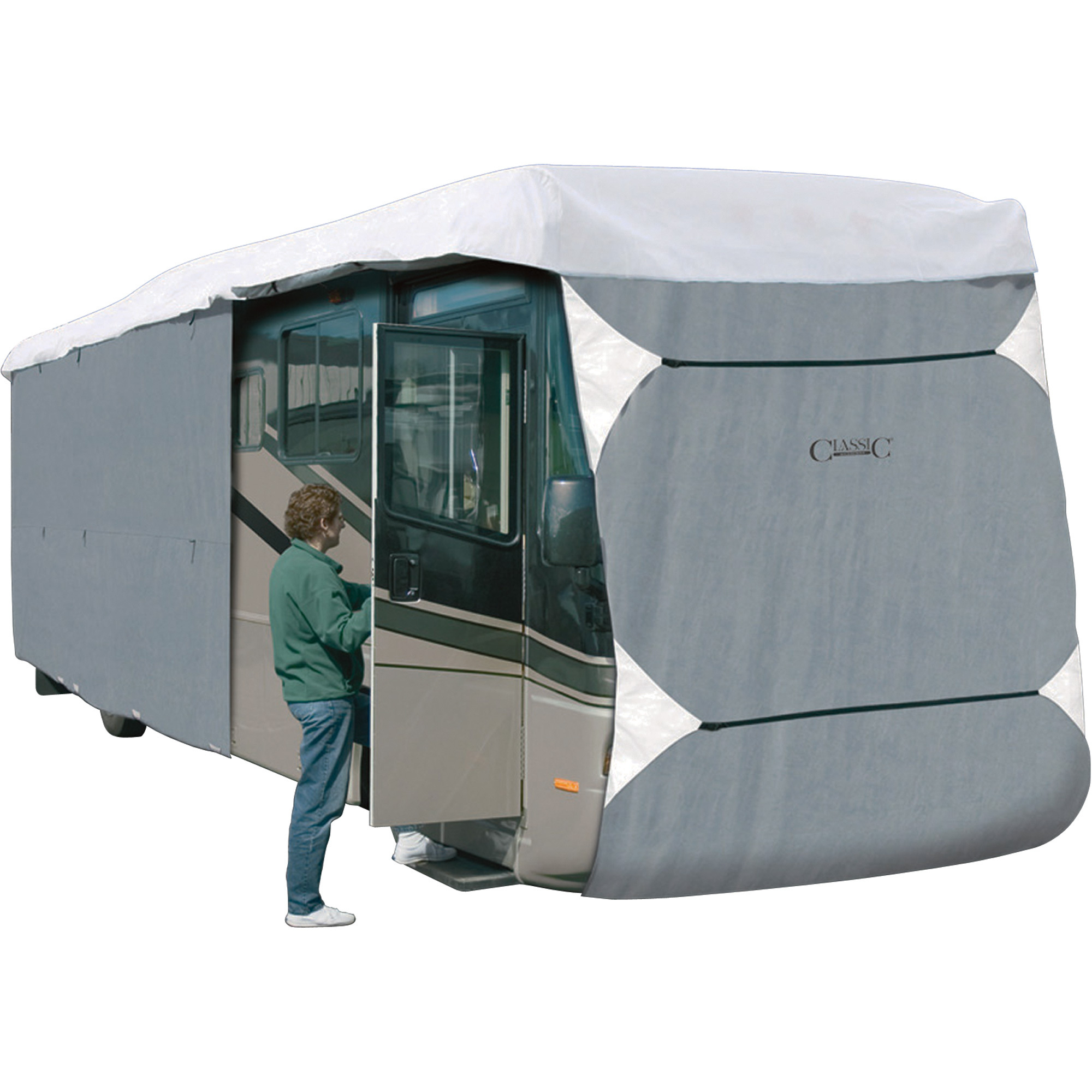 Classic Accessories OverDrive PolyPro 3 Deluxe Class A Extra Tall RV Cover, Gray and White, Fits 37ft.L-40ft.L x 140in.H, Model# 77763