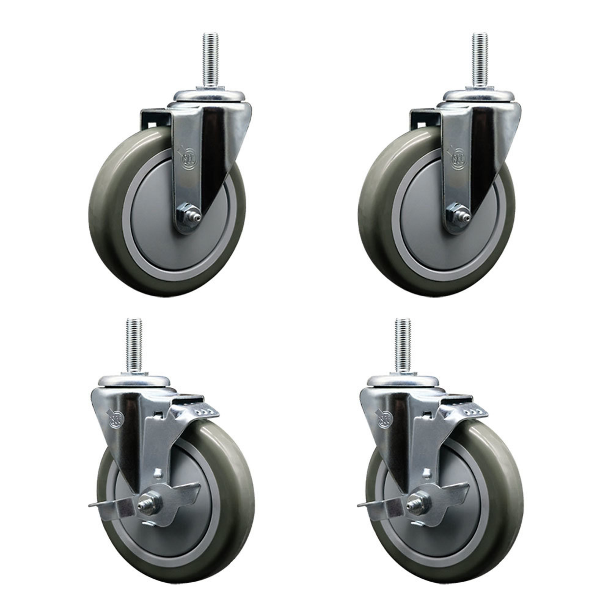 Set Of 4 Threaded Stem Casters With Brake - 5/8-11 Thread, 5" Grease-Resistant Wheel, 220lb Capacity
