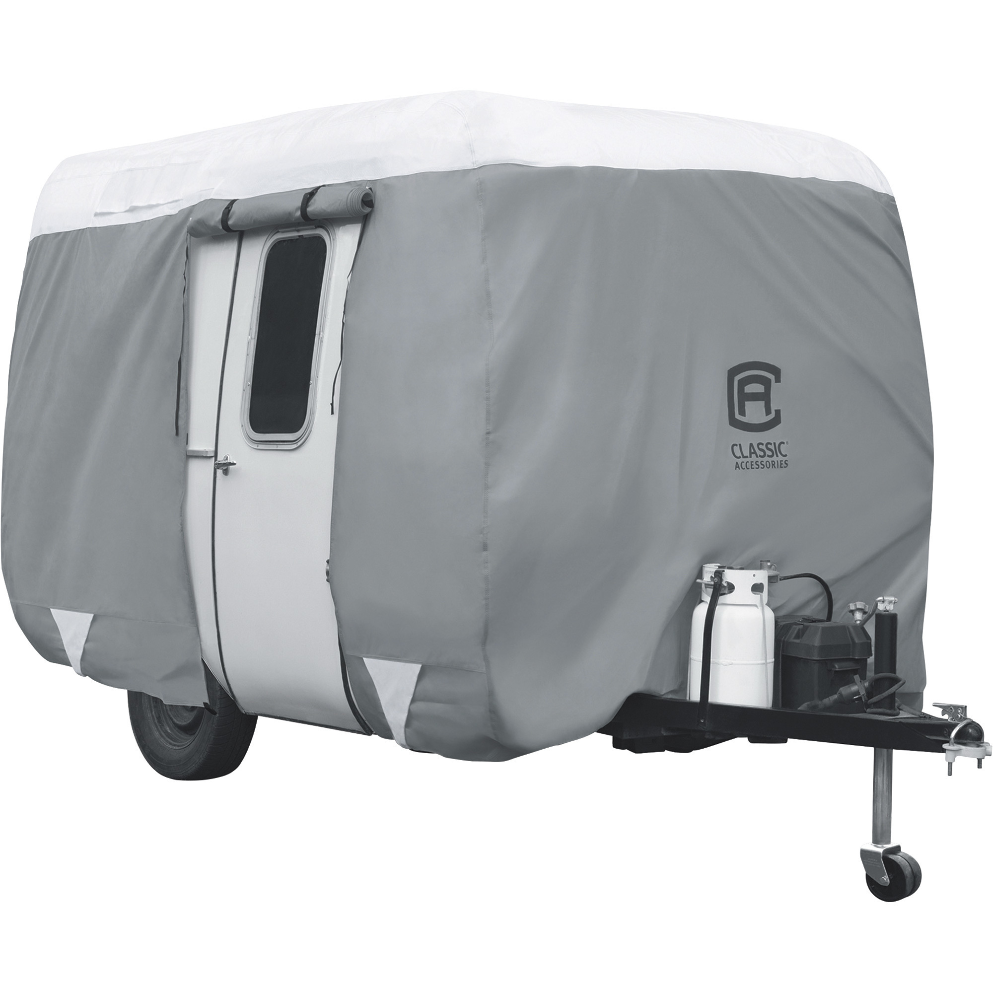 Classic Accessories OverDrive PolyPRO 3 Molded Fiberglass Travel Trailer Cover, Gray and White, Fits 10ft.L-13ft.L Molded Fiberglass Travel Trailers, Model# 80-295-153101-RT