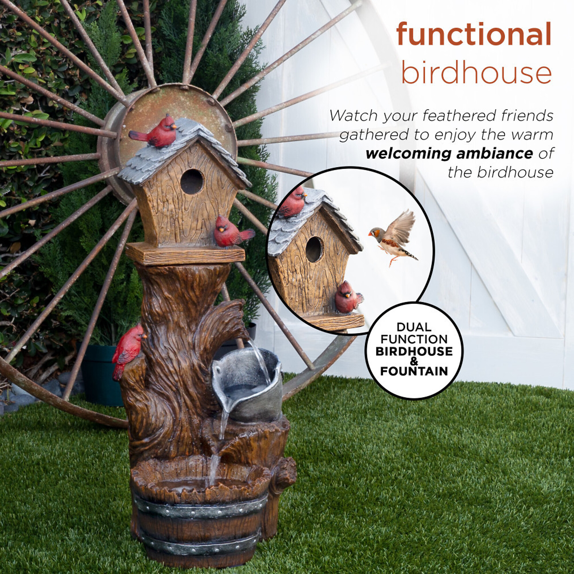 Alpine Corporation, Cardinal Birdhouse Cascading Barrel Fountain, Volts ...