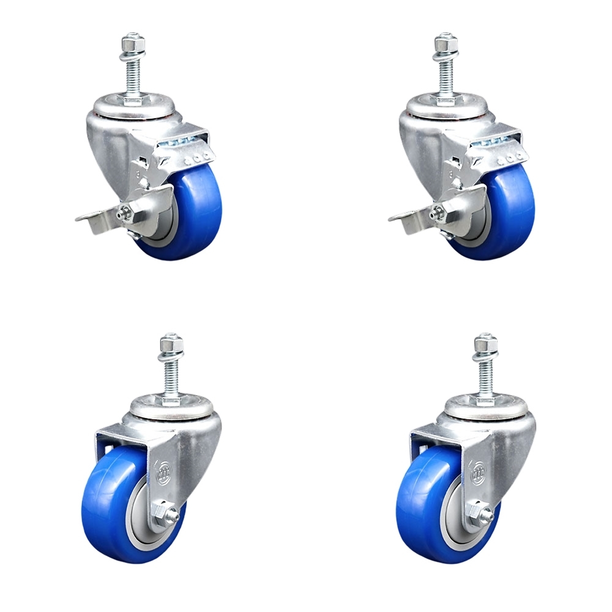 Service Caster, 3in. x 1 1/4in. Stem Casters, Wheel Diameter 3 in, Caster Type Swivel, Package (qty.) 4, Model# SCC-TS20S314-PPUB-BLUE-TLB-M1015-2S2
