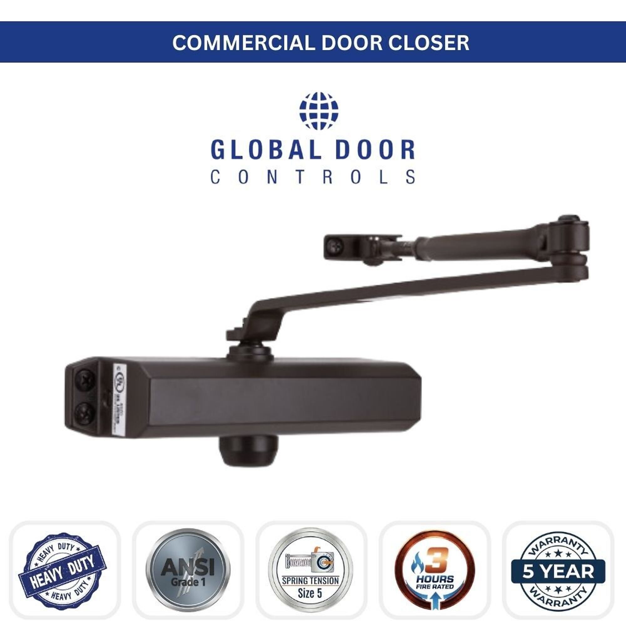 Global Door Controls, Streamline Commercial Grade 1 Door Closer with Backcheck in Duronodic - Size 5, #TC2205-BC-DU