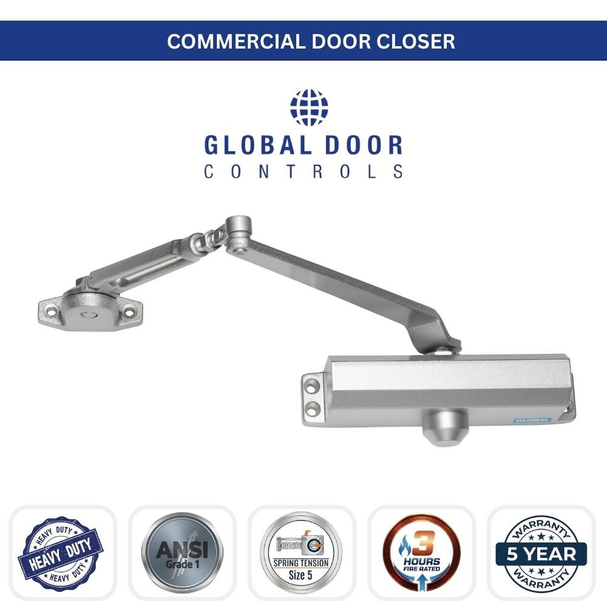 Global Door Controls, Streamline Commercial Grade 1 Door Closer with Backcheck in Aluminum - Size 5, #TC2205-BC-AL