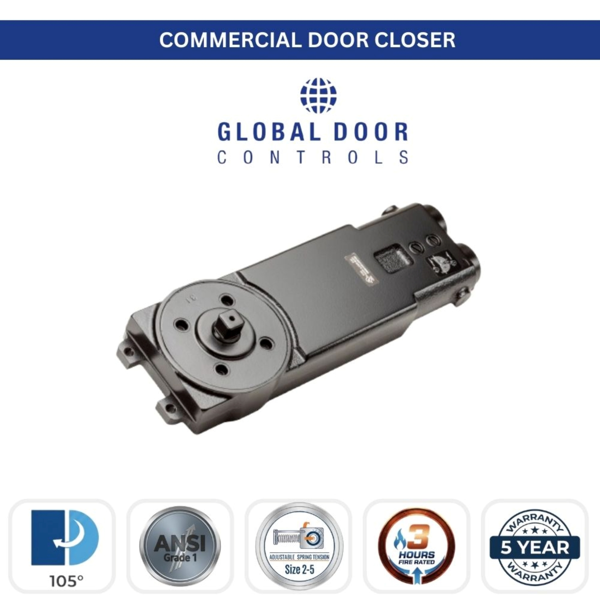 Global Door Controls, Duronodic Grade 1 Overhead Concealed Adjustable Door Closer with 105 degree Swing Radius - Sizes 2-5, #TC7011LP