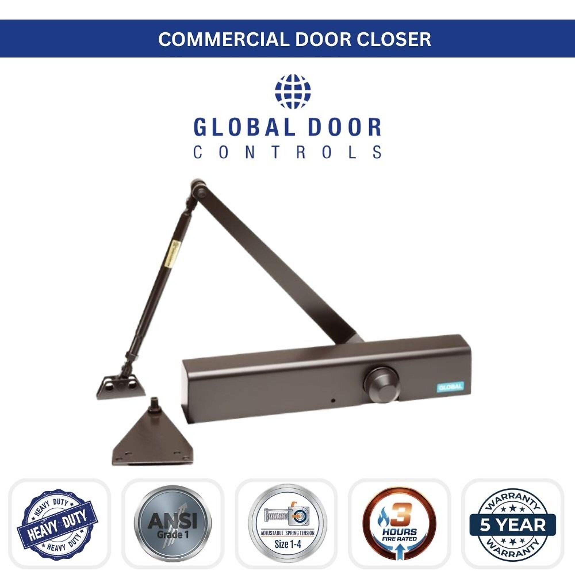 Global Door Controls, Heavy-Duty Commercial Grade 1 Door Closer in Duronodic with Adjustable Power - Sizes 1-4, #TC411-DU