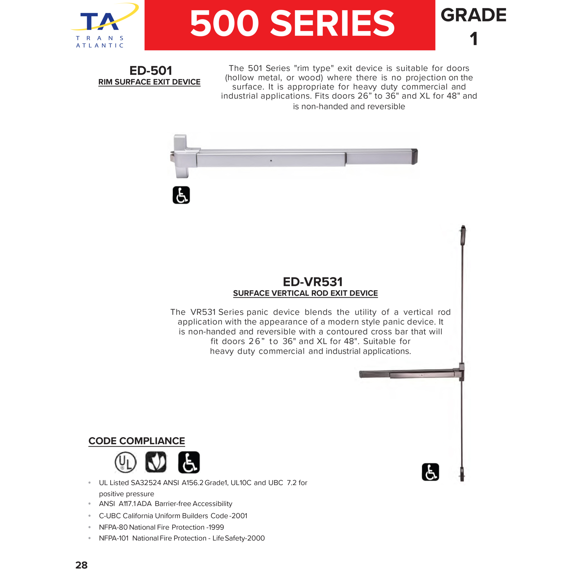 Trans Atlantic Co., 500 Series Commercial 36in. Fire Rated Exit Device,  Max. Fits Door Width 36 in, Min. Fits Door Width 26 in, Model# ED-F501-US32D