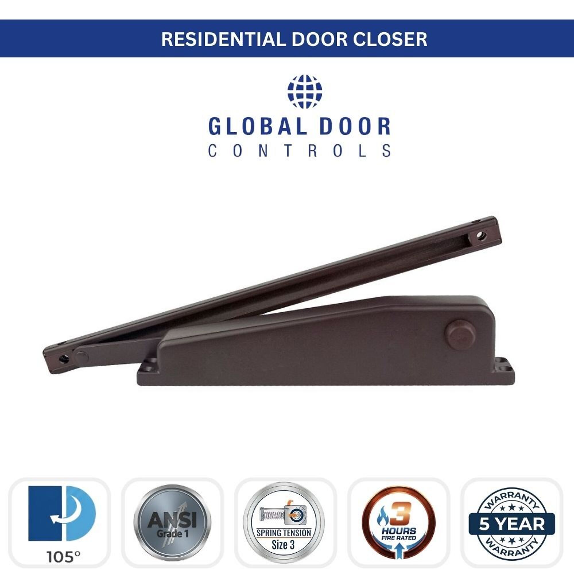 Global Door Controls, Residential Hold Open Mini Door Closer in Brown - Size 3, #TC901-HO-BR