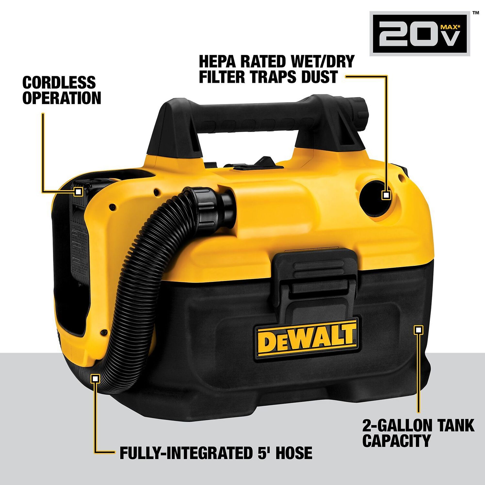 DEWALT, 20V Max Cordless Wet/Dry Vac, Vacuum Style Wet/Dry, Capacity 2