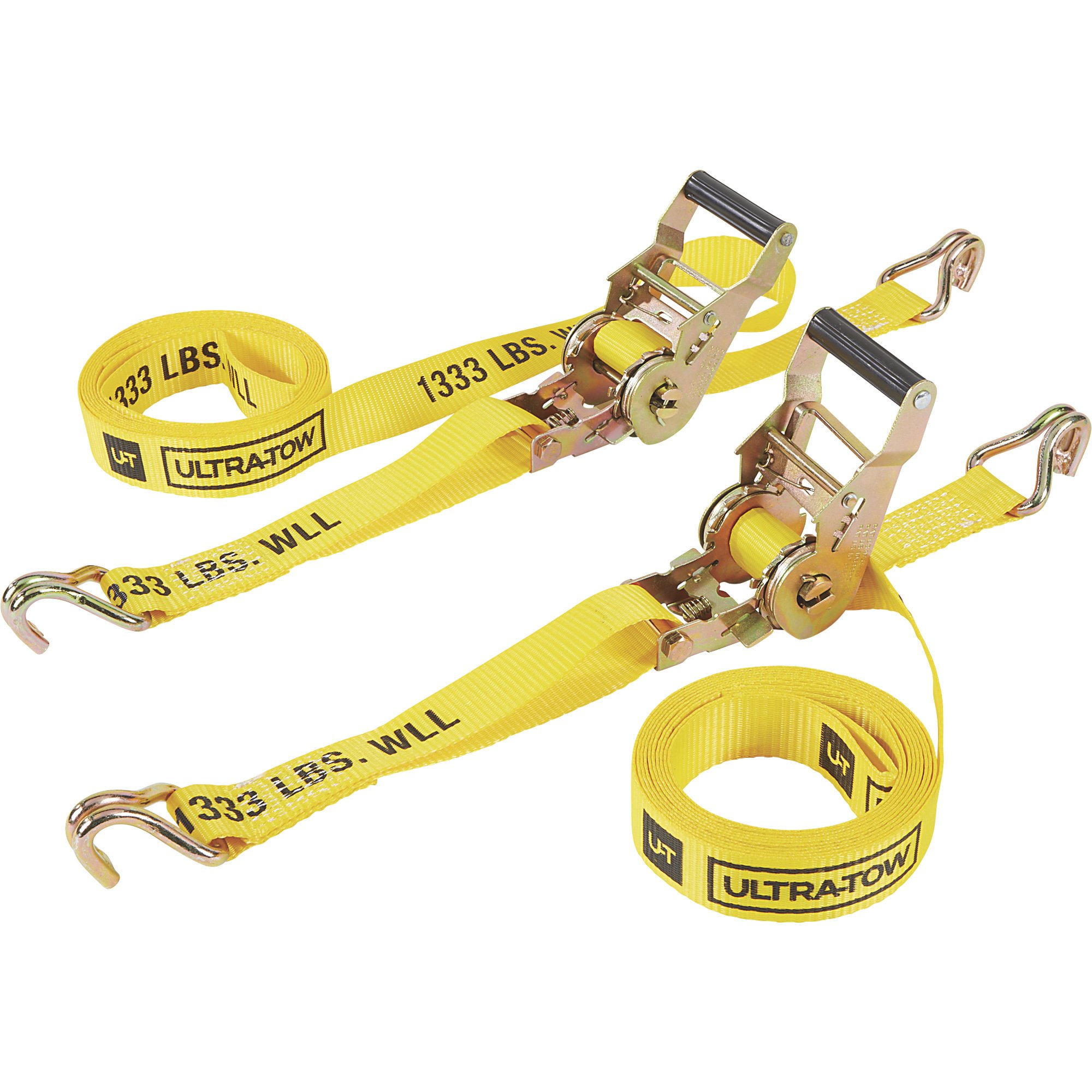 Ultra-Tow 1.5in. x 14ft. AST Ratchet Strap with J-Hooks, 4,000-Lb. Breaking  Strength, 1333-Lb. Working Load, Yellow, Model# A615031