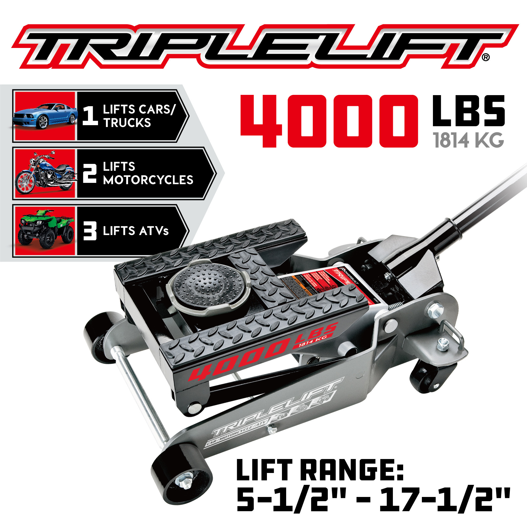 Powerbuilt, 2 Ton Triple Lift Floor Jack, Lift Capacity 2 Tons, Max. Lift Height 17.5 in, Model