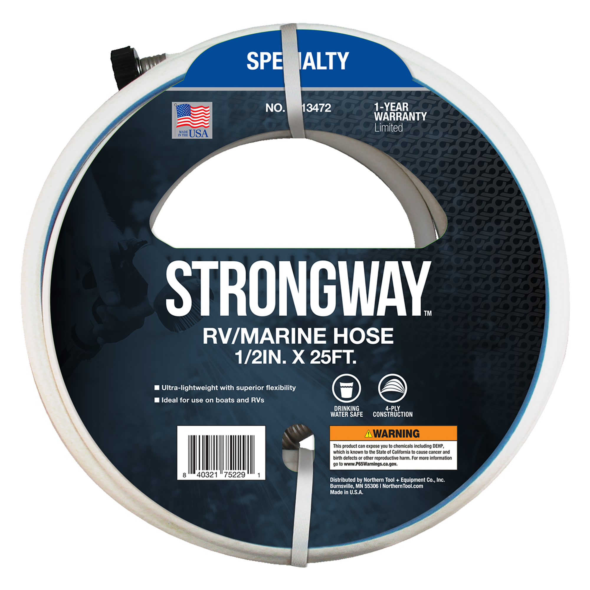 Strongway RV/Marine Water Hose, 1/2in. x 25ft., 5/8in. Connection, 180 PSI