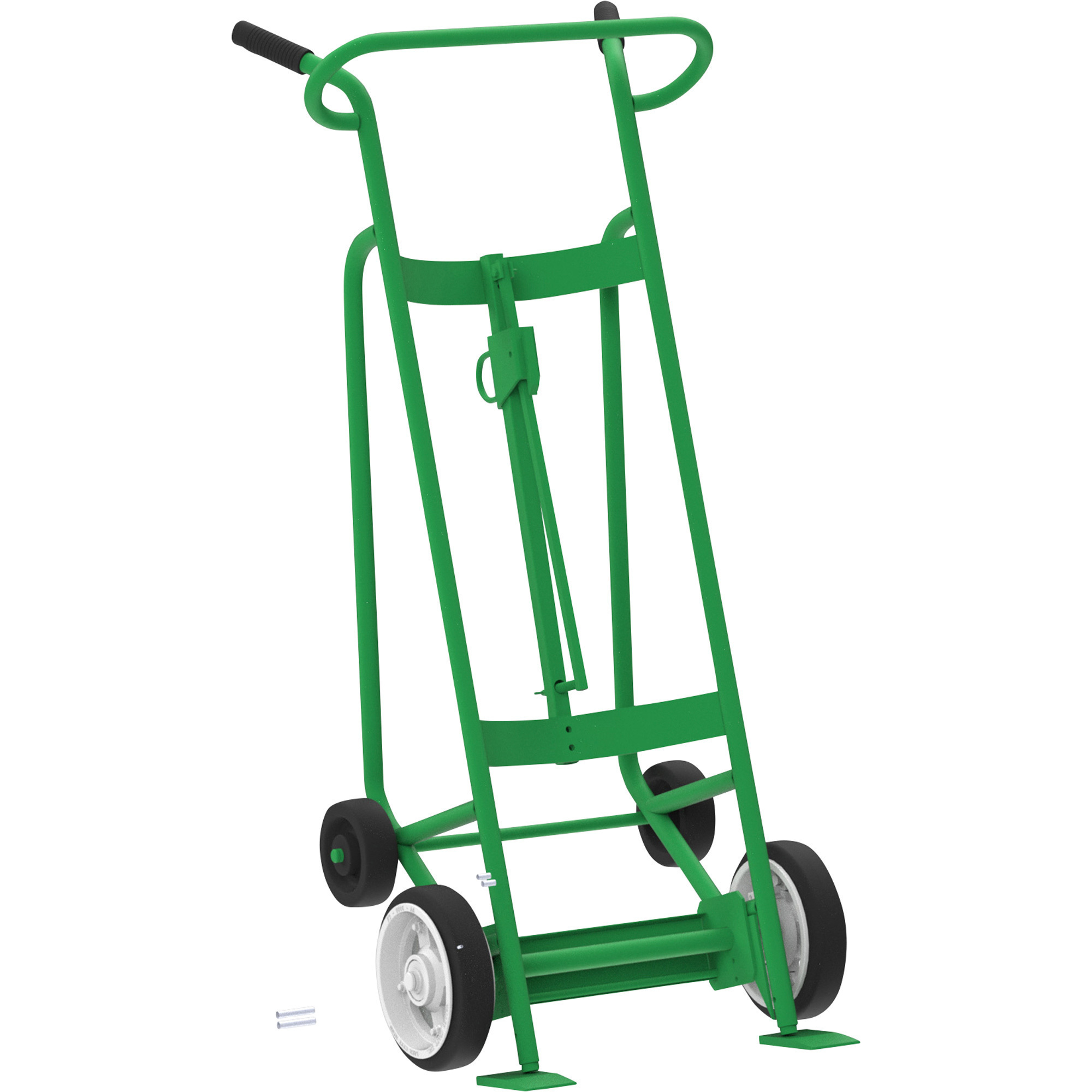 Valley Craft 4-Wheel Drum Hand Truck, Steel, (2) Solid Rubber Wheels, (2) Rear Poly, Hand Brake, 1000-Lb. Capacity,  Standard Chime Hook for Steel/Plastic/Fiber Drums, Model# F83450A6