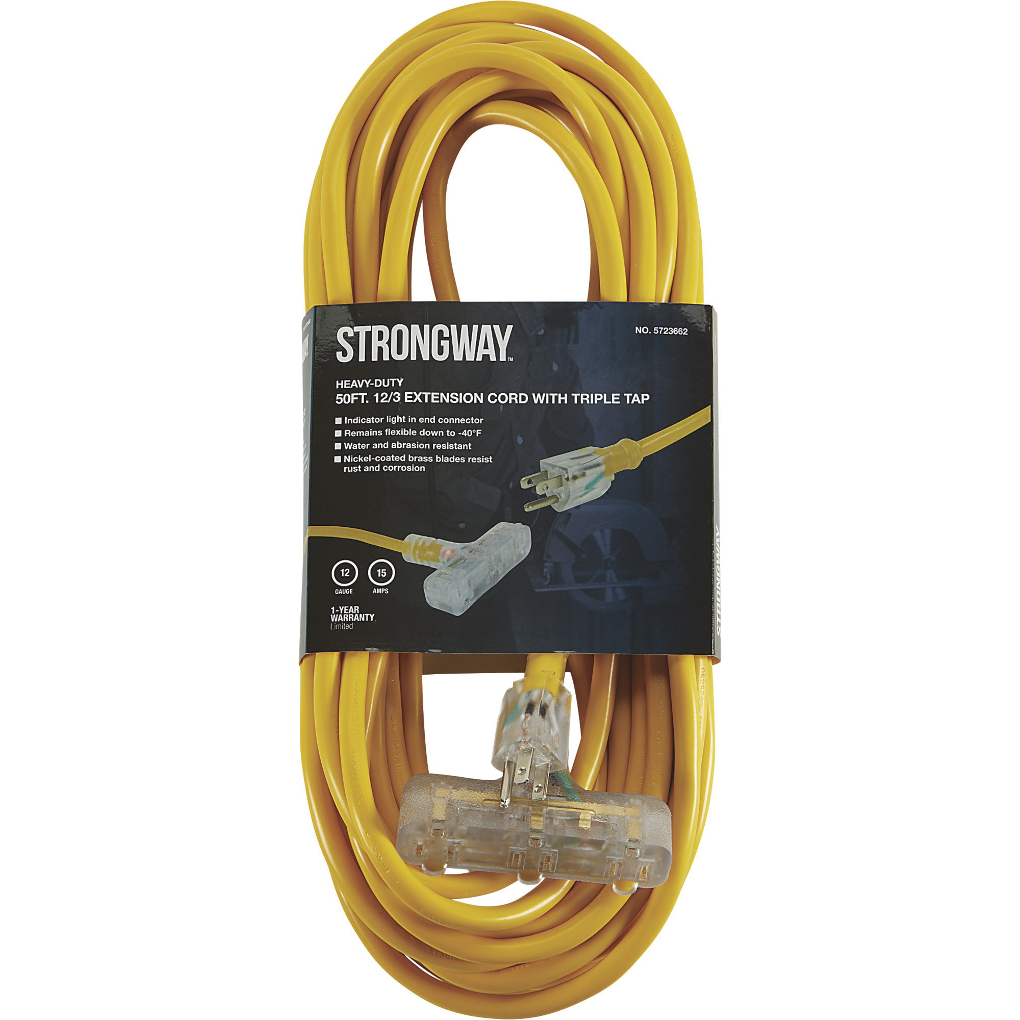 Strongway Outdoor Extension Cord with Triple Tap, 50ft., 12/3 Ga., 15 Amps, Model# 201703007001