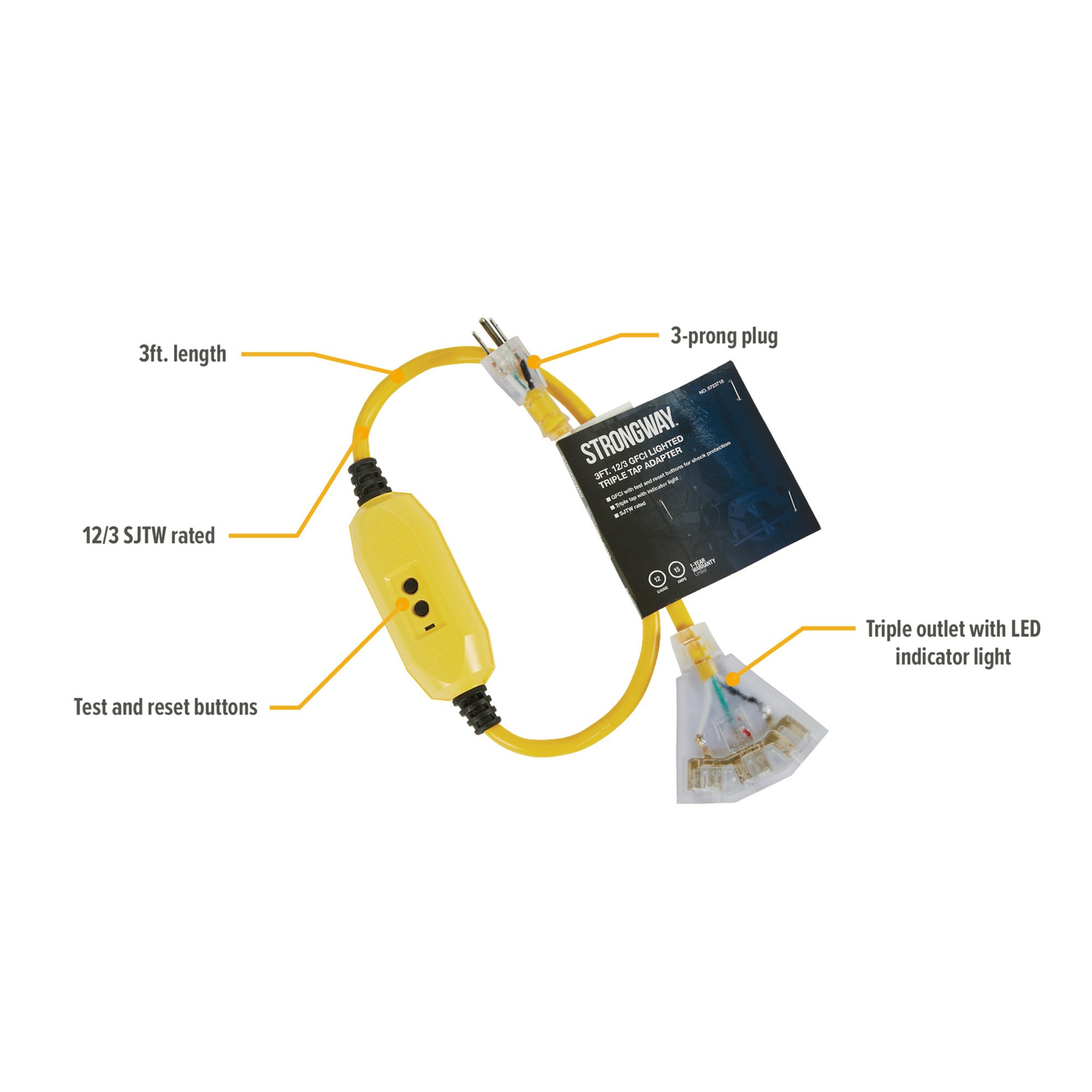 パラノイア　トゥルース95 GF Strongway GFCI Lighted Triple Adapter, 3ft.L, 12/3-Ga, 15