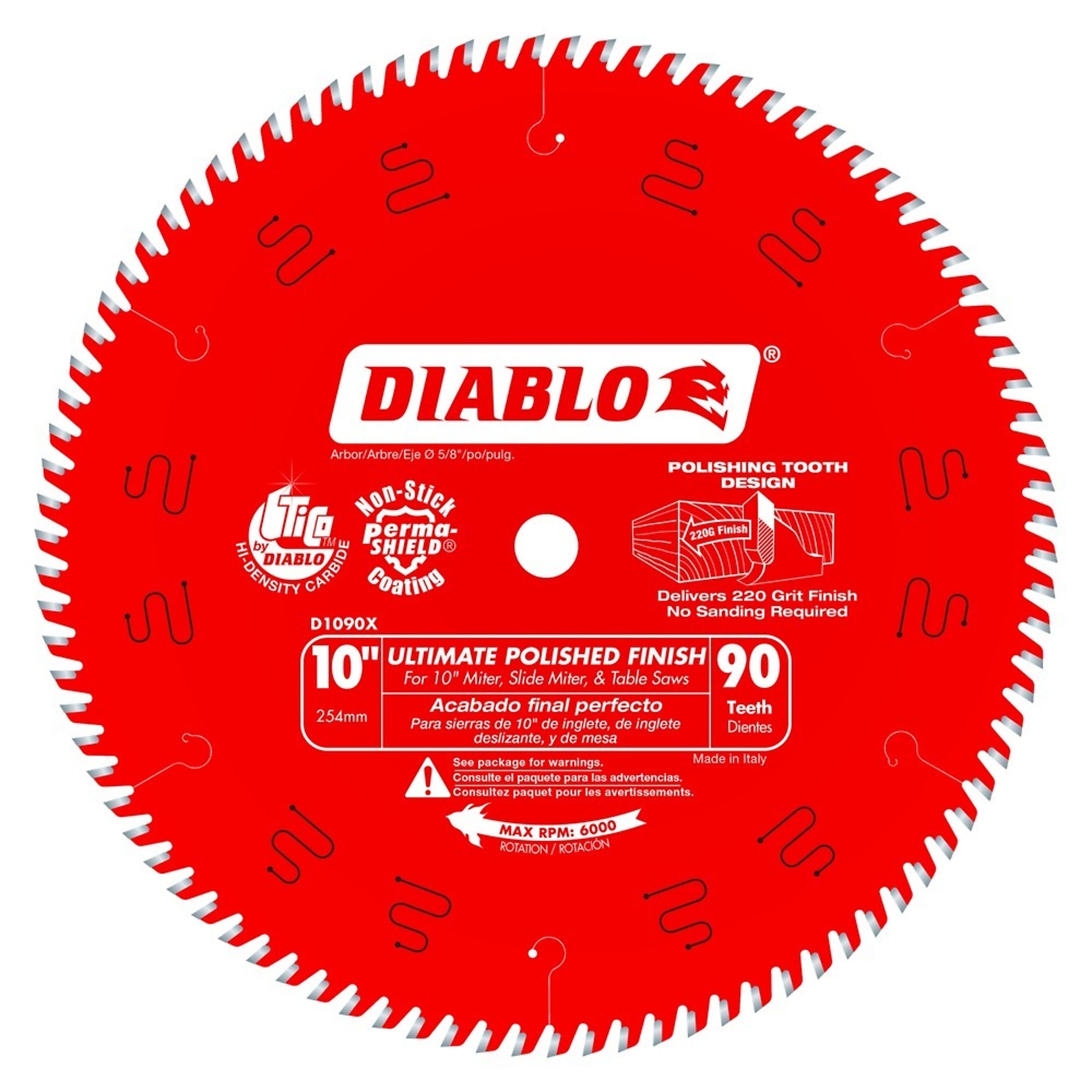 Diablo, 10 x 90 Polished Finish Blade, Blade Diameter 10 in, Teeth Per Inch 90 TPI, Included (qty.) 1, Model# D1090X