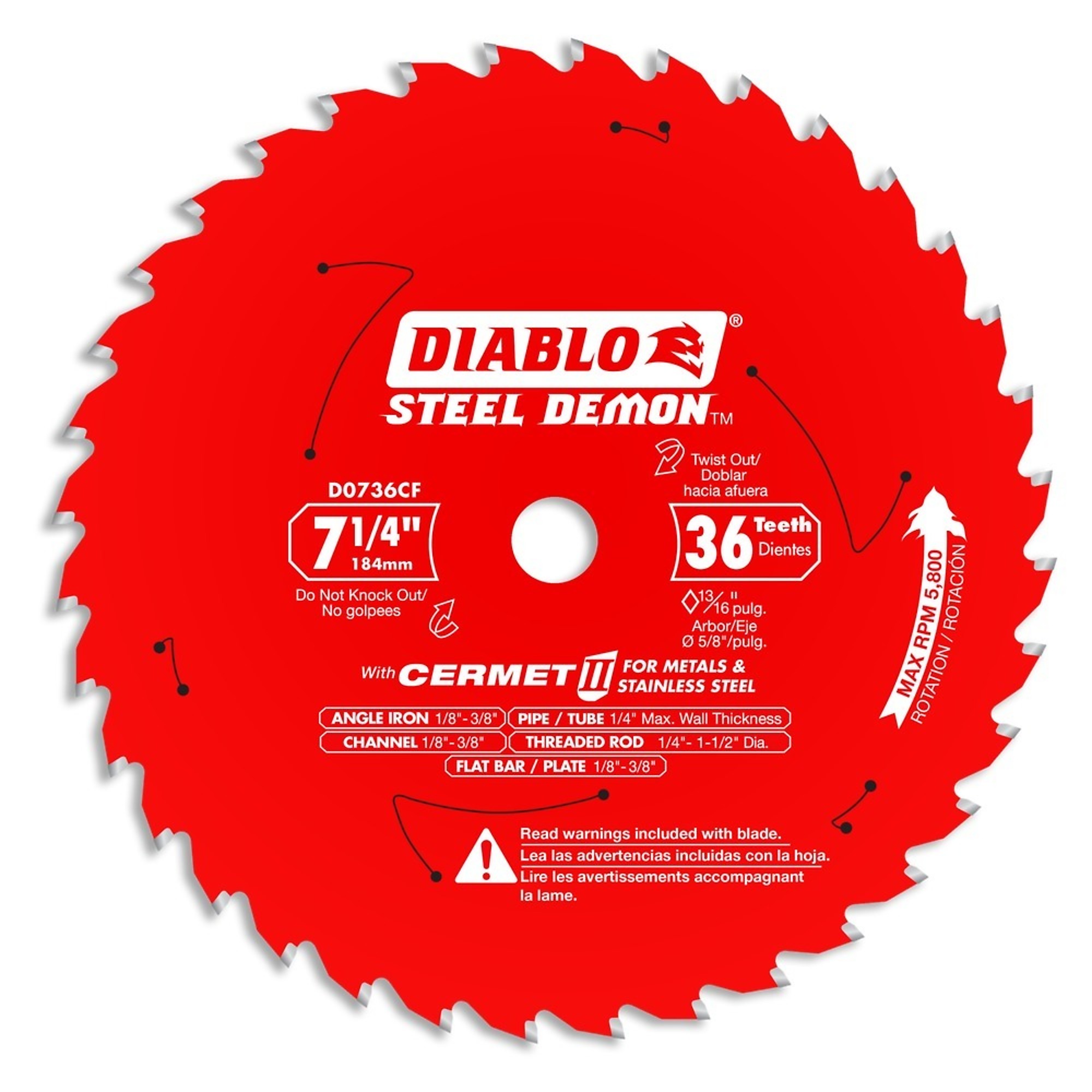 Diablo, 7 1/4 x 36- Steel Saw Blade, Blade Diameter 7 1/4 in, Teeth Per Inch 36 TPI, Included (qty.) 1, Model# D0736CF